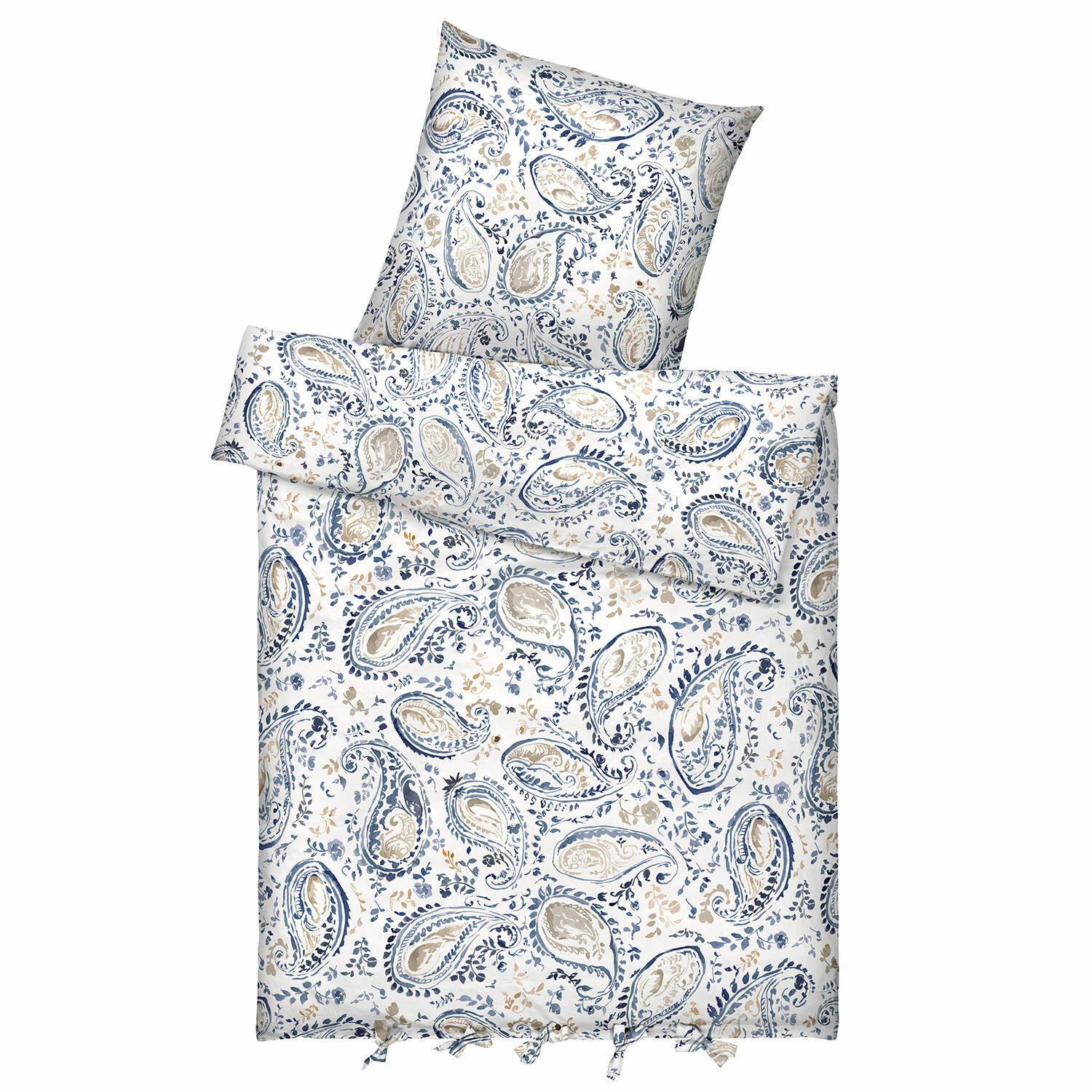Bettwäsche Le Perron Bettwäsche aus Baumwolle mit blau-beigem Paisley-Muster auf weissem Grund, weich und dekorativ