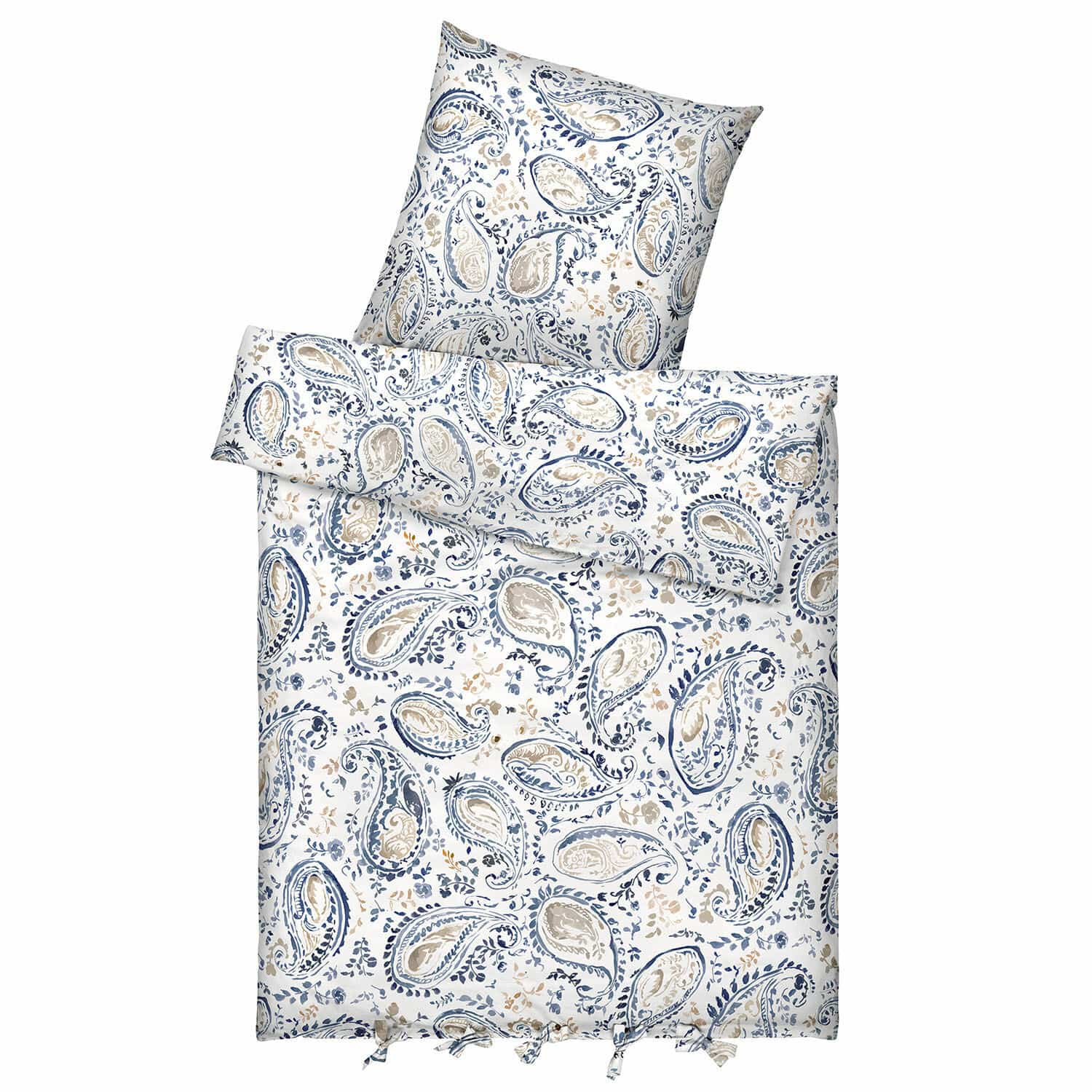 Bettwäsche Le Perron Bettwäsche aus Baumwolle mit blau-beigem Paisley-Muster auf weissem Grund, weich und dekorativ