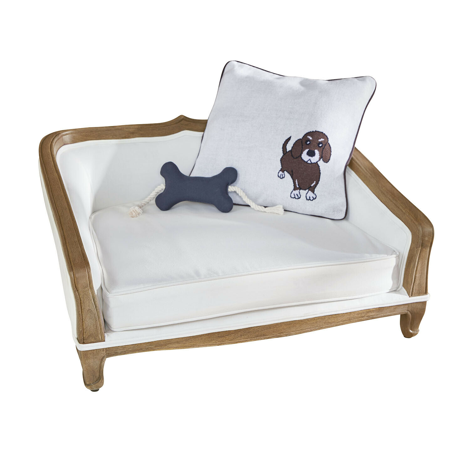 Haustiersofa Whisley Weisses gepolstertes Hundebett mit Holzrahmen, Kissen mit Hundemotiv und Knochen-Spielzeug