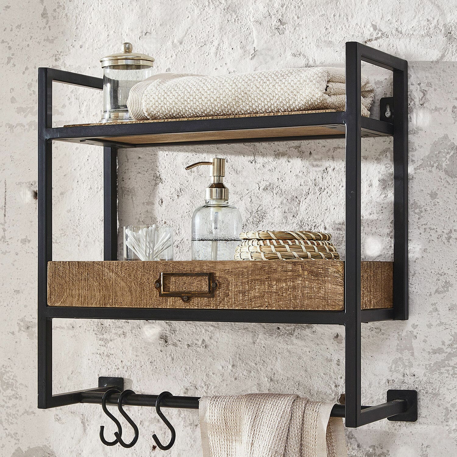 Wandregal Taylors Island Schwarzes Metall-Wandregal mit Holzschublade und Haken, praktischer Badorganisator