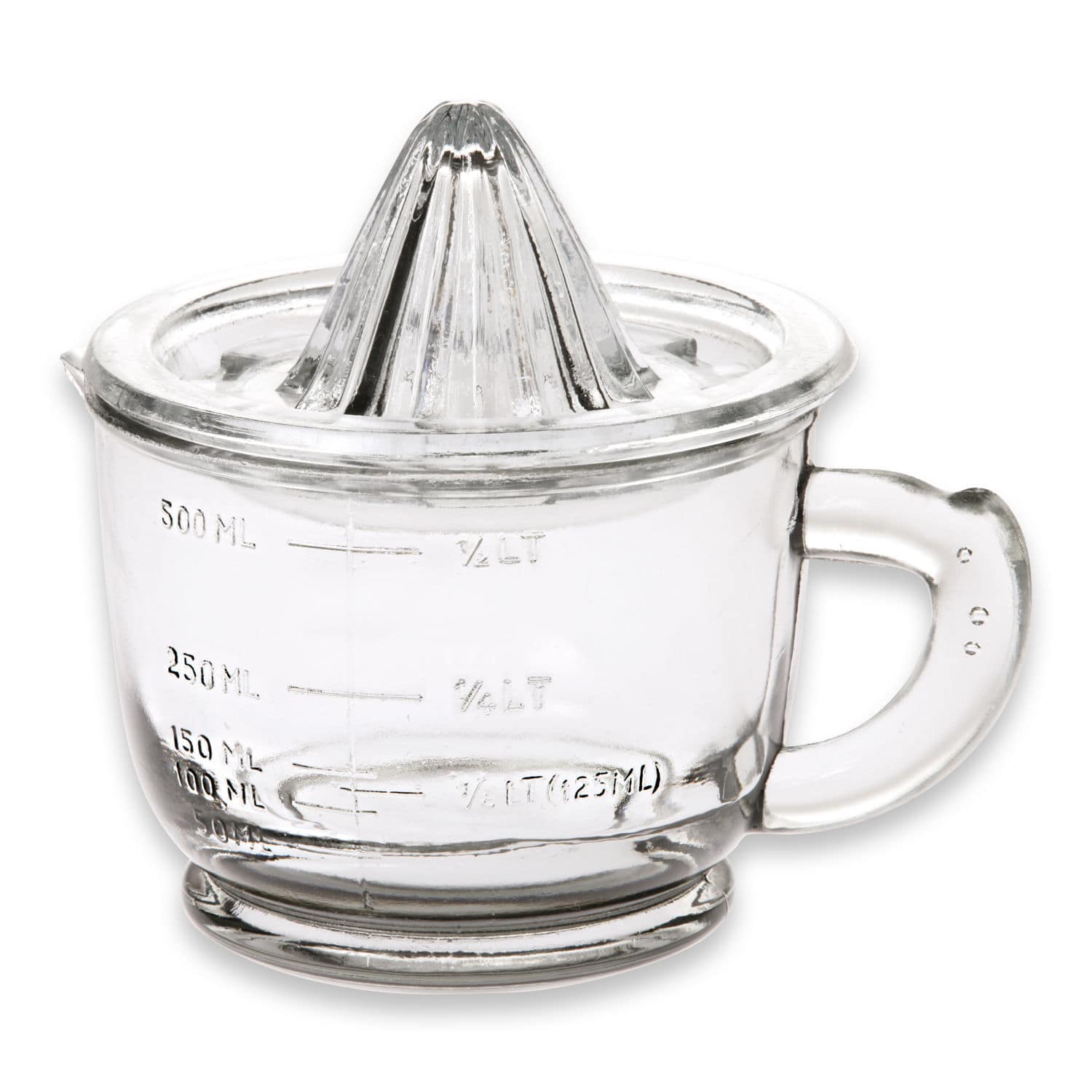 Zitronenpresse Cindy Glas-Zitruspresse mit Messskala bis 500 ml, transparentes Küchenutensil für frische Säfte