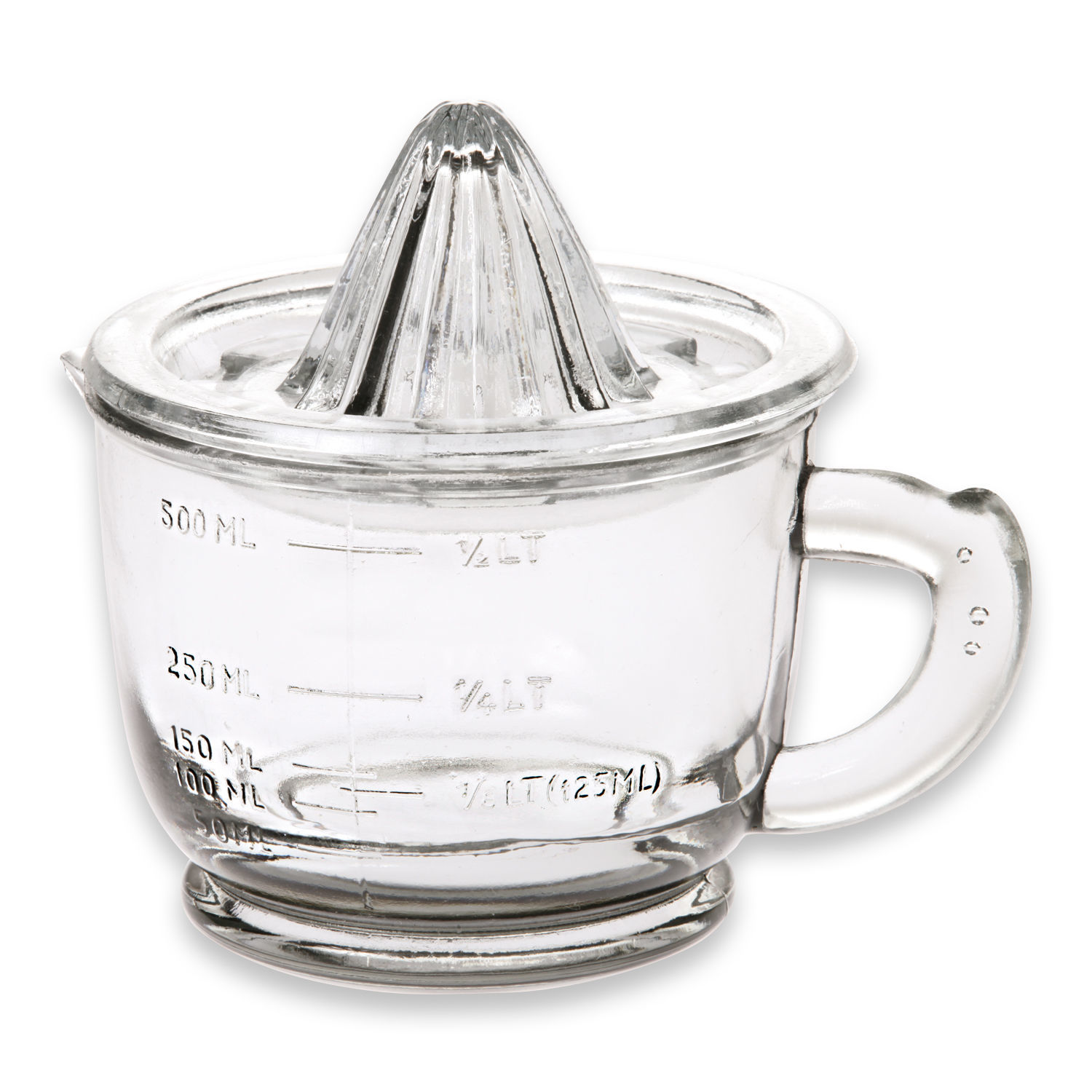 Zitronenpresse Cindy Glas-Zitruspresse mit Messskala bis 500 ml, transparentes Küchenutensil für frische Säfte