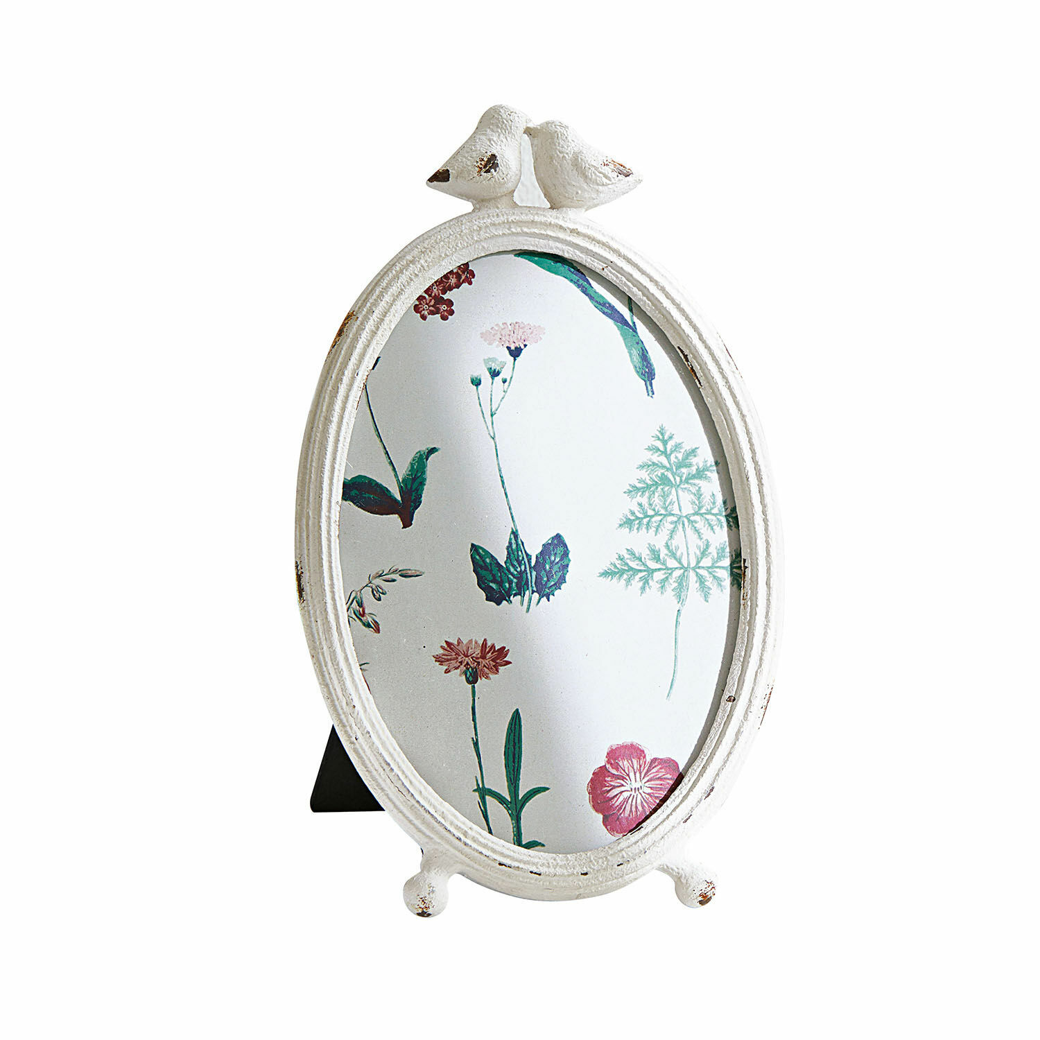 Bilderrahmen Jolanda Ovale Bilderrahmen aus weissem Metall mit Vogel-Dekor, Vintage-Stil, Wohnaccessoire