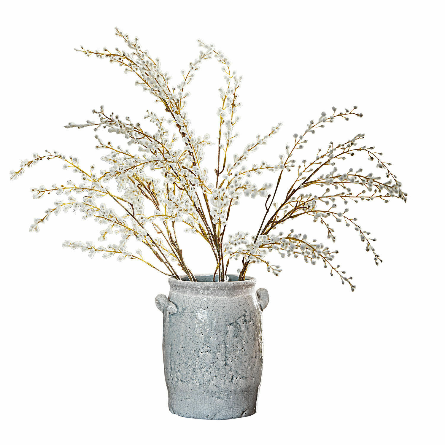 Deko-Zweige 3er Set Palmyra Graue Keramikvase mit weissen Weidenkätzchenzweigen als Wohnaccessoire