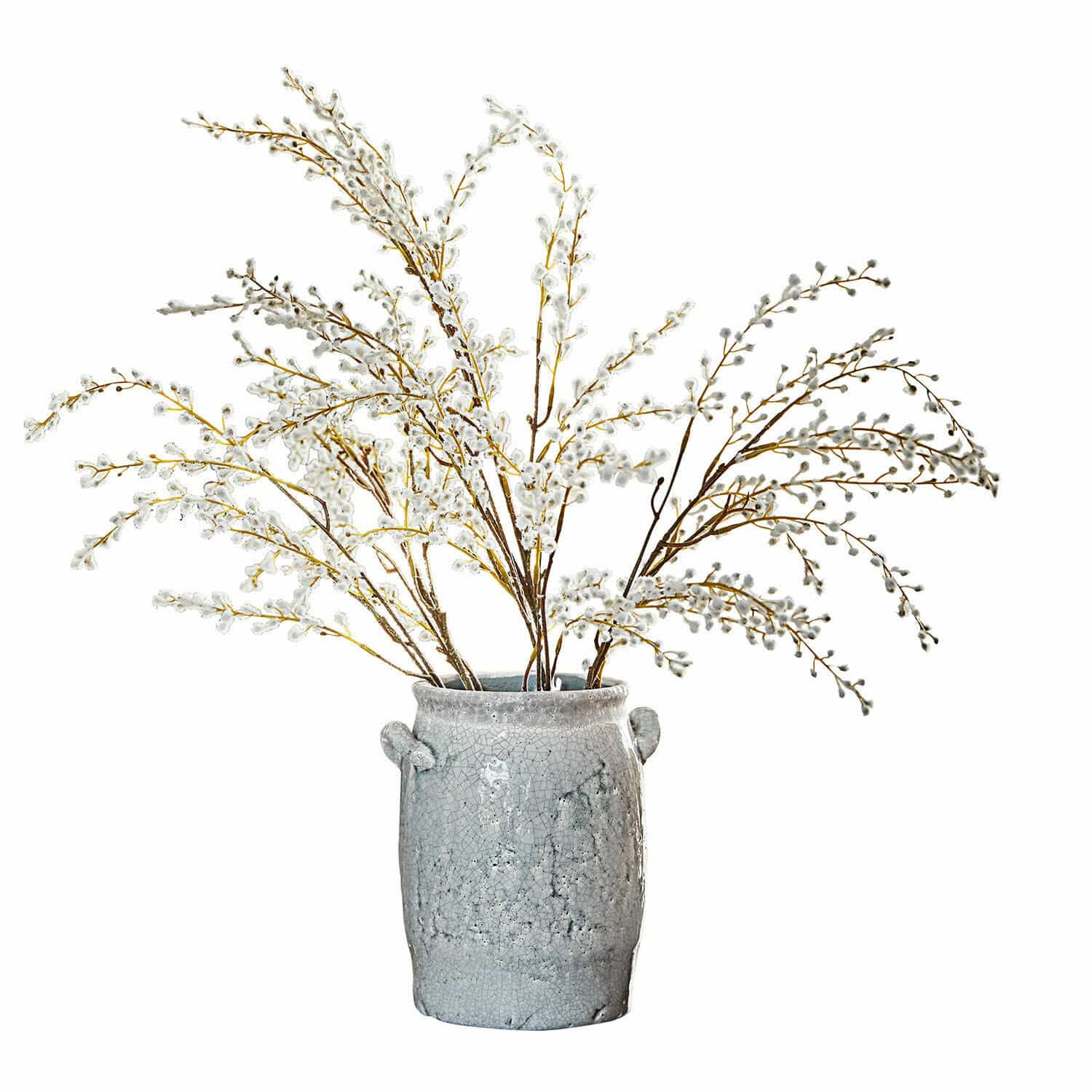 Deko-Zweige 3er Set Palmyra Graue Keramikvase mit weissen Weidenkätzchenzweigen als Wohnaccessoire