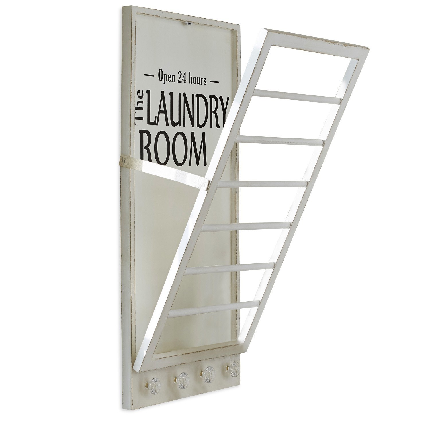 Handtuchhalter Laundry Room Weisser Holzkleiderhalter mit Schriftzug „Laundry Room“ und Metallgitter zum Trocknen