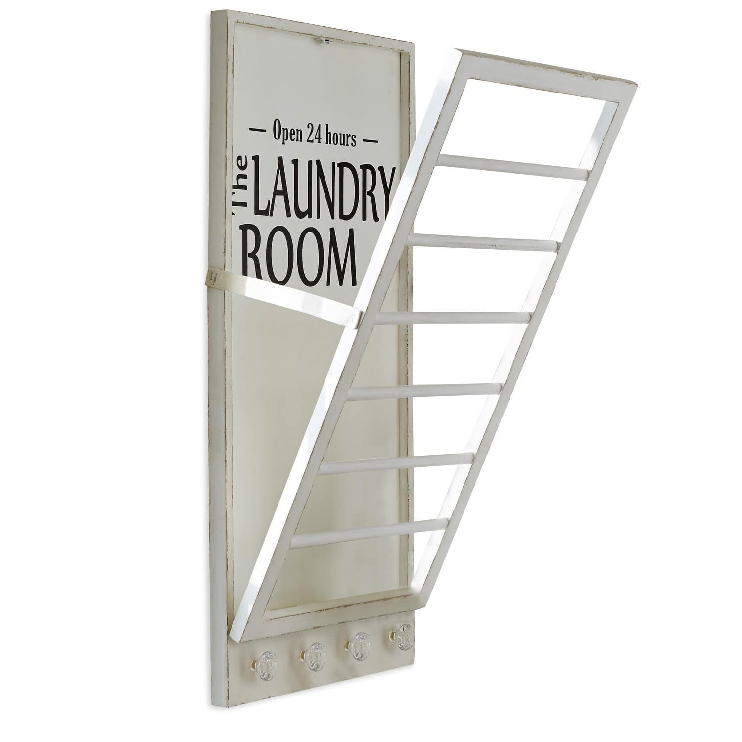 Handtuchhalter Laundry Room Weisser Holzkleiderhalter mit Schriftzug „Laundry Room“ und Metallgitter zum Trocknen