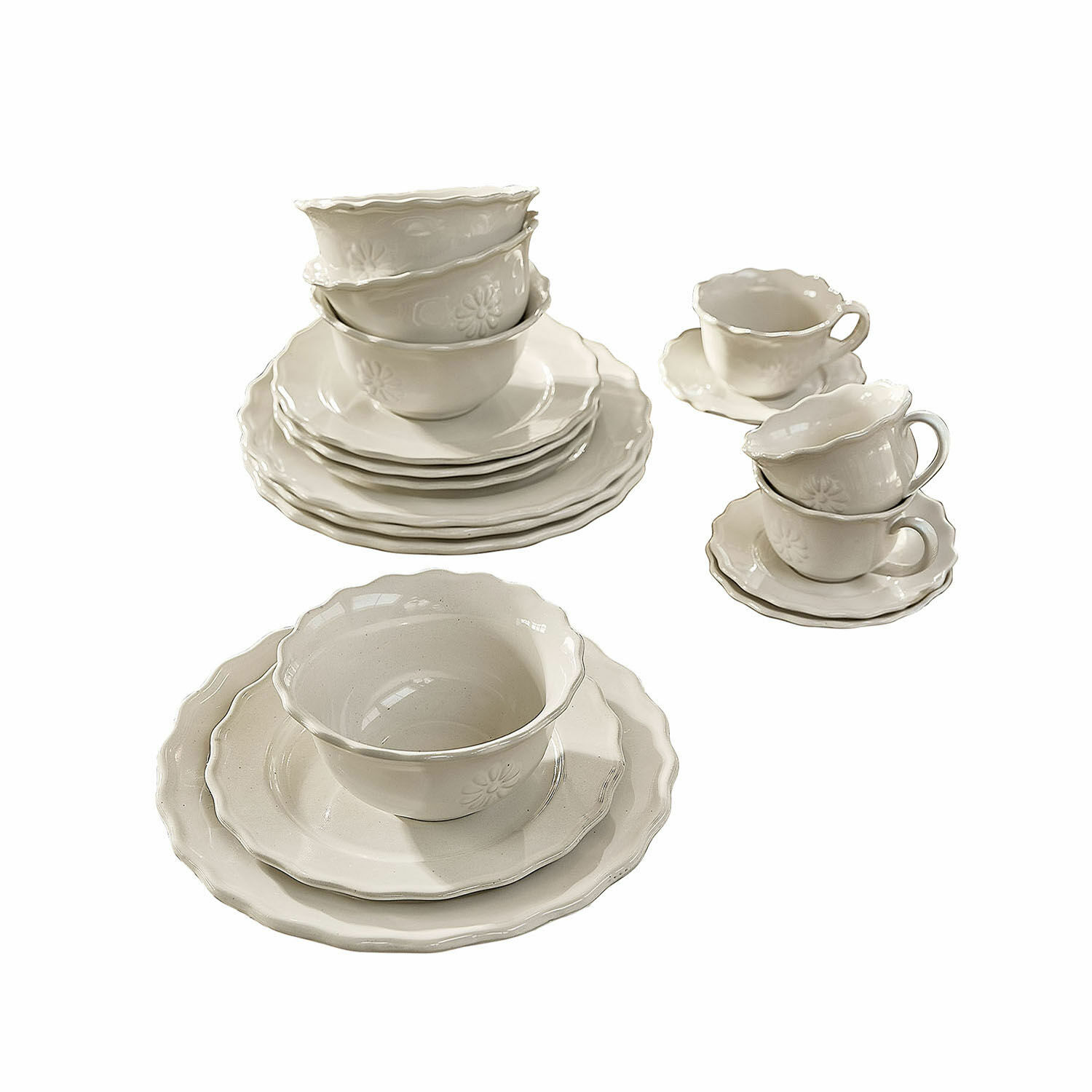 Geschirr 30er Set Mallevesse Weisses Keramikgeschirr-Set mit Schalen und Tassen mit zartem Blumenmuster für den Tisch