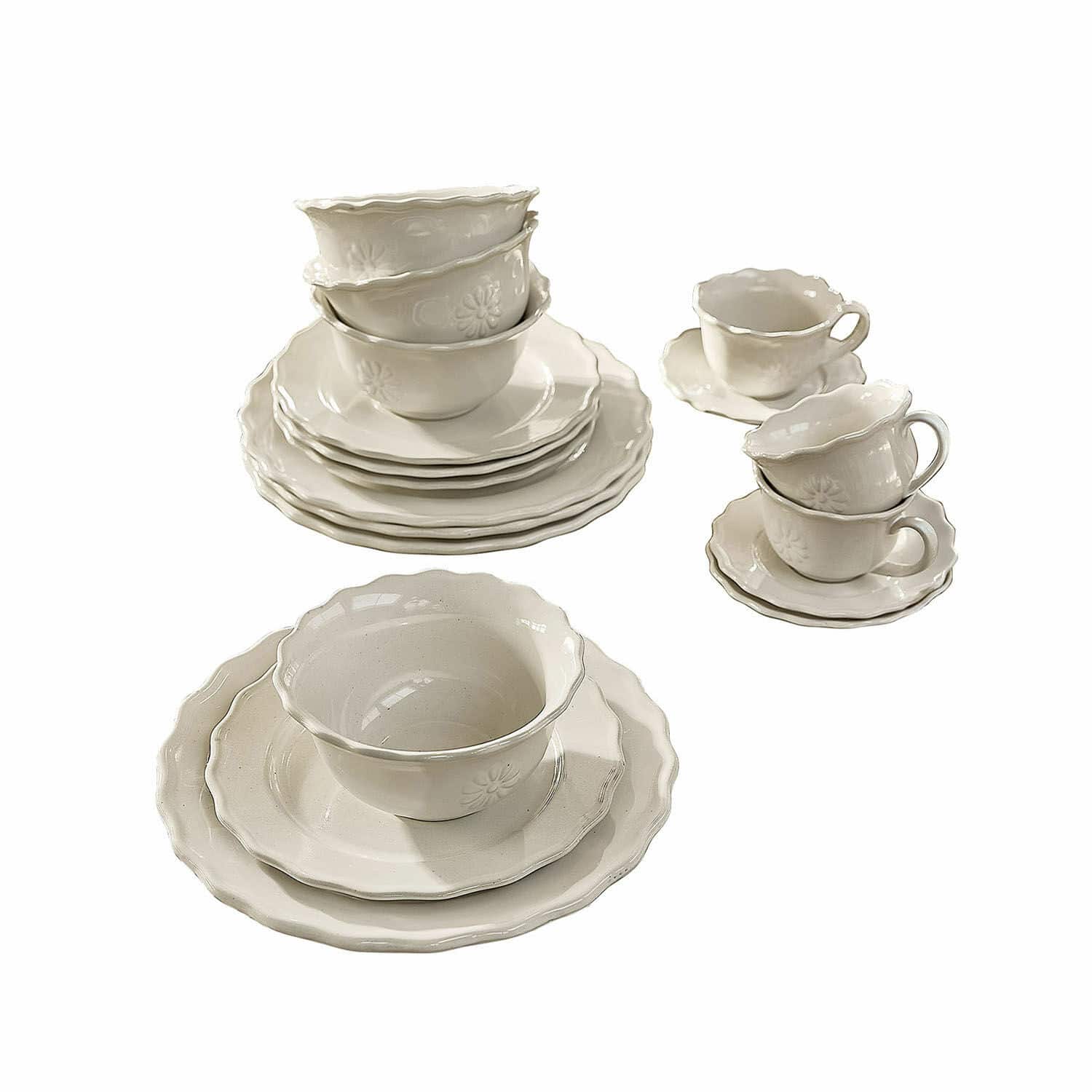 Geschirr 30er Set Mallevesse Weisses Keramikgeschirr-Set mit Schalen und Tassen mit zartem Blumenmuster für den Tisch