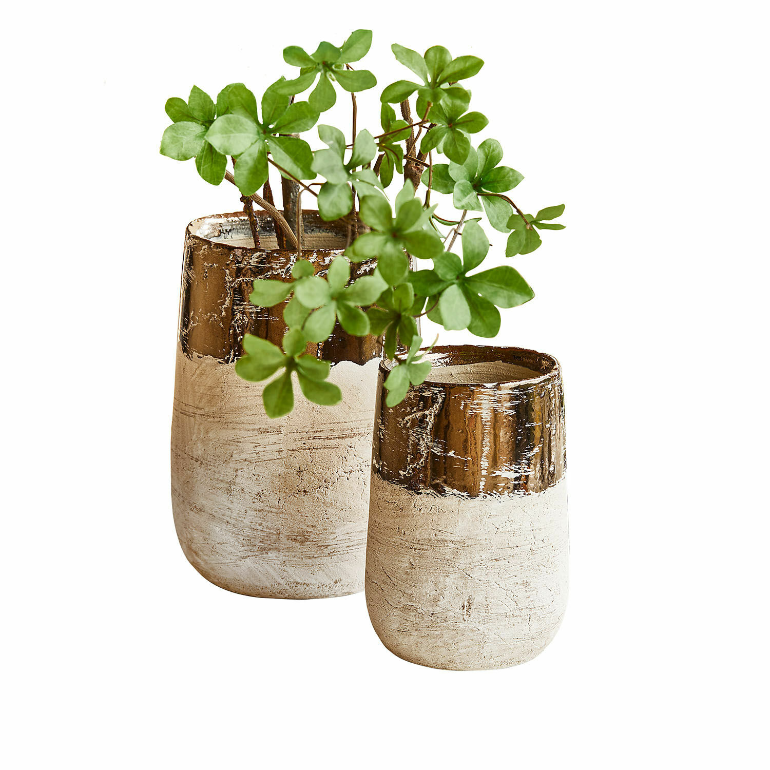 Vase 2er Set Hafira Set aus zwei beige-braunen Keramikblumentöpfen mit grünen Pflanzen zur Dekoration des Wohnraums