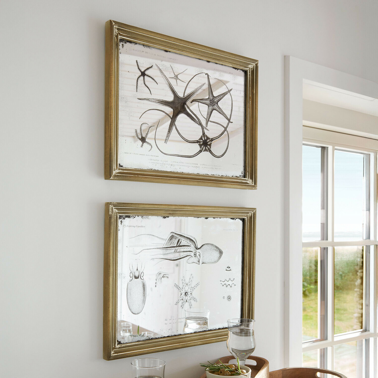 Zwei goldene Rahmen mit Spiegel und Meeresbewohner-Grafiken, Wanddekoration in hellem Raum