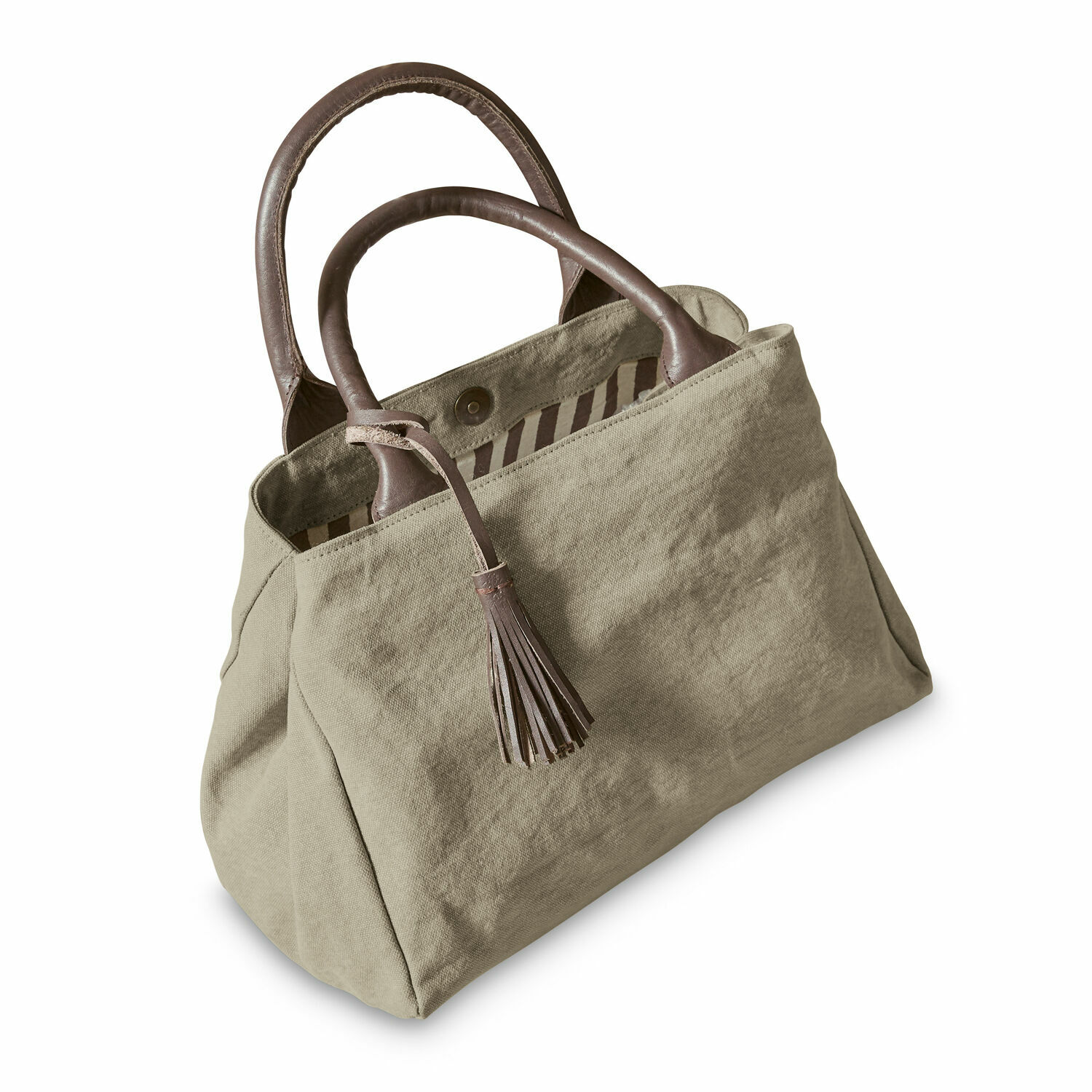 taupe Hoya-Tasche aus taupefarbenem Stoff mit braunen Ledergriffen und Quaste, modisches Accessoire