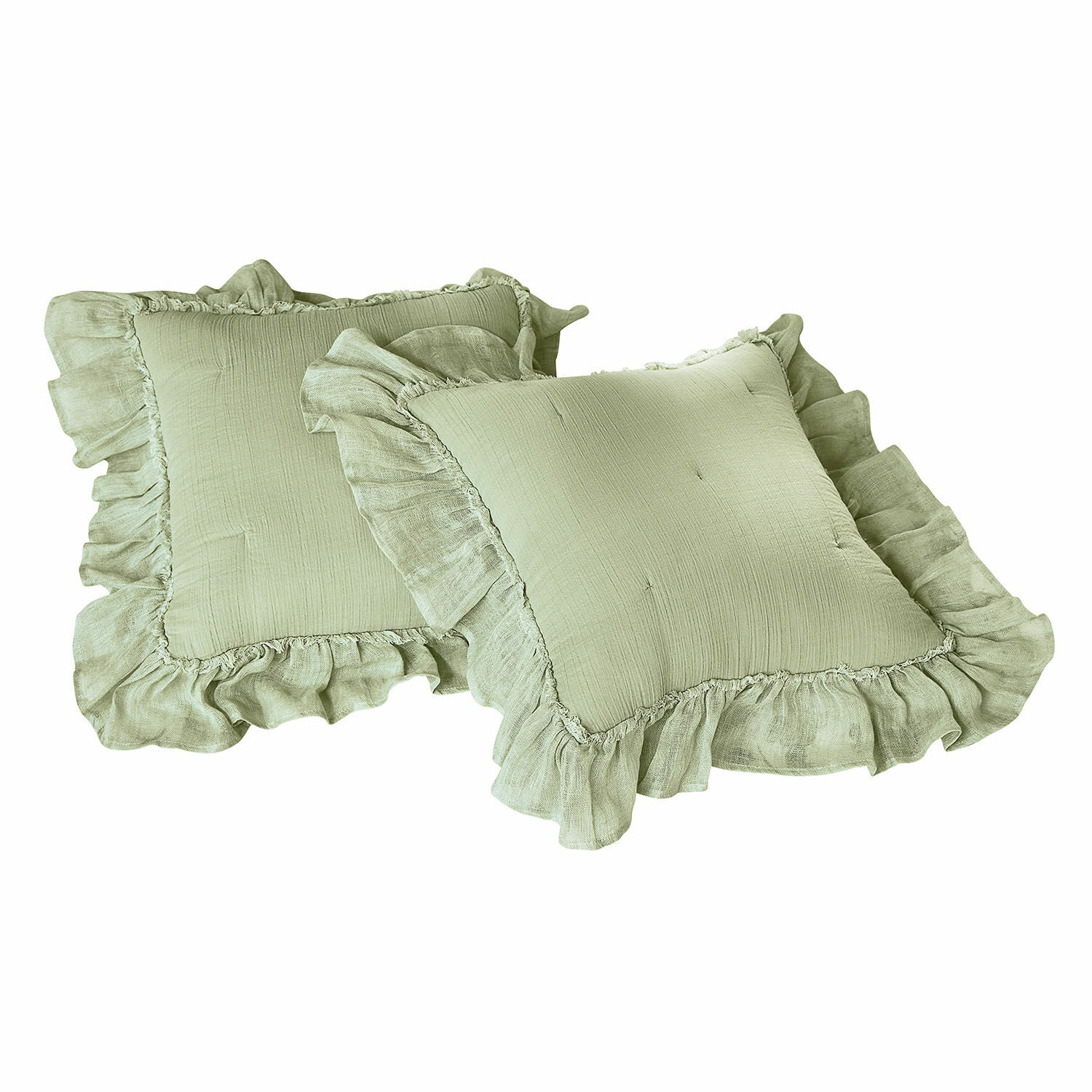 Kissenhülle 2er Set Martone Set aus zwei grünen Leinenkissen mit Rüschen, dekoratives Textil für das Wohnzimmer
