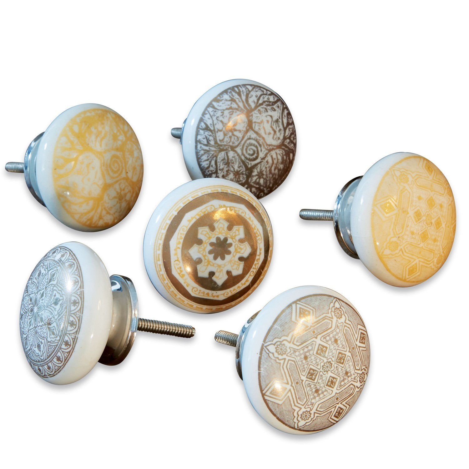 Kommodengriffe 6er Set Tuffé Sechsteiliges Set Keramik-Möbelknöpfe mit Metallschrauben, beige und braune Muster