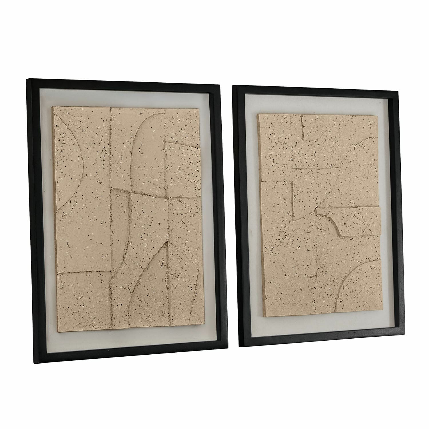 Bild 2er Set Lavinois Set aus zwei Wanddekorationen aus beigem Stein in schwarzen Rahmen, moderne Wandkunst