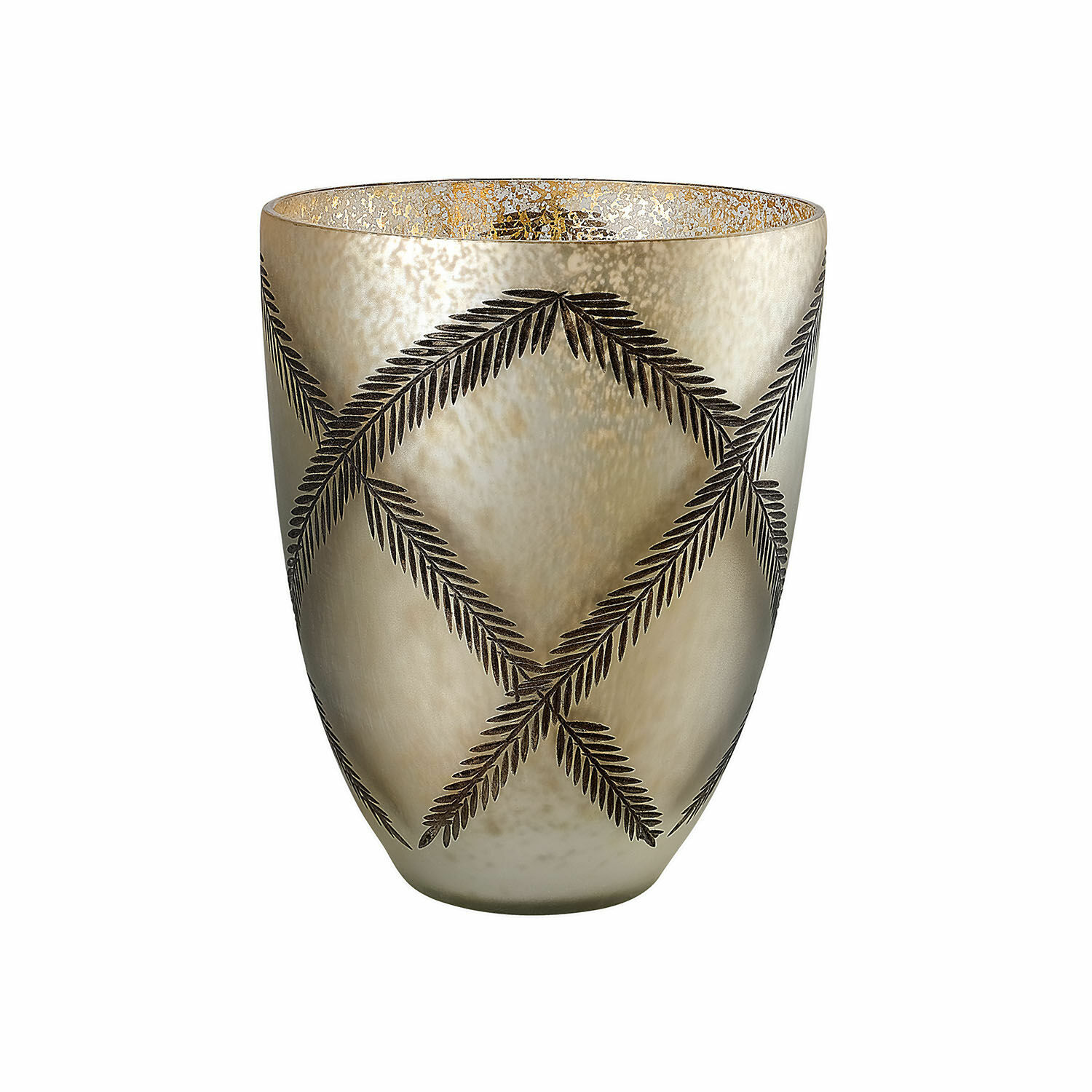 Windlicht Porcielle Glas-Teelichthalter in Gold mit schwarzem Blattmuster, stilvolle Wohnraumdekoration