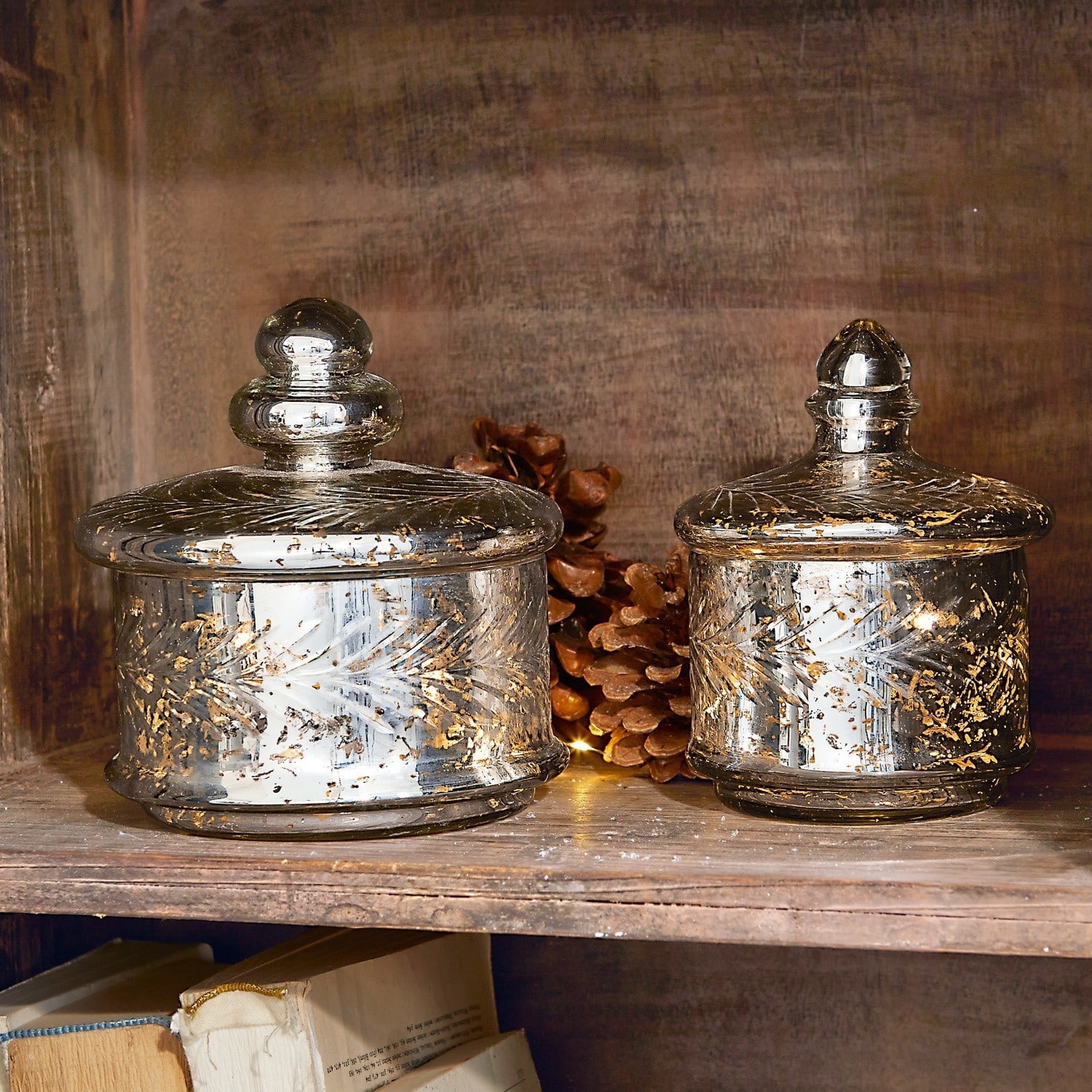 Glasdose 2er Set Elexa Zwei Glasbehälter mit Deckeln und goldenen Verzierungen auf einem Holzregal mit Kiefernzapfen