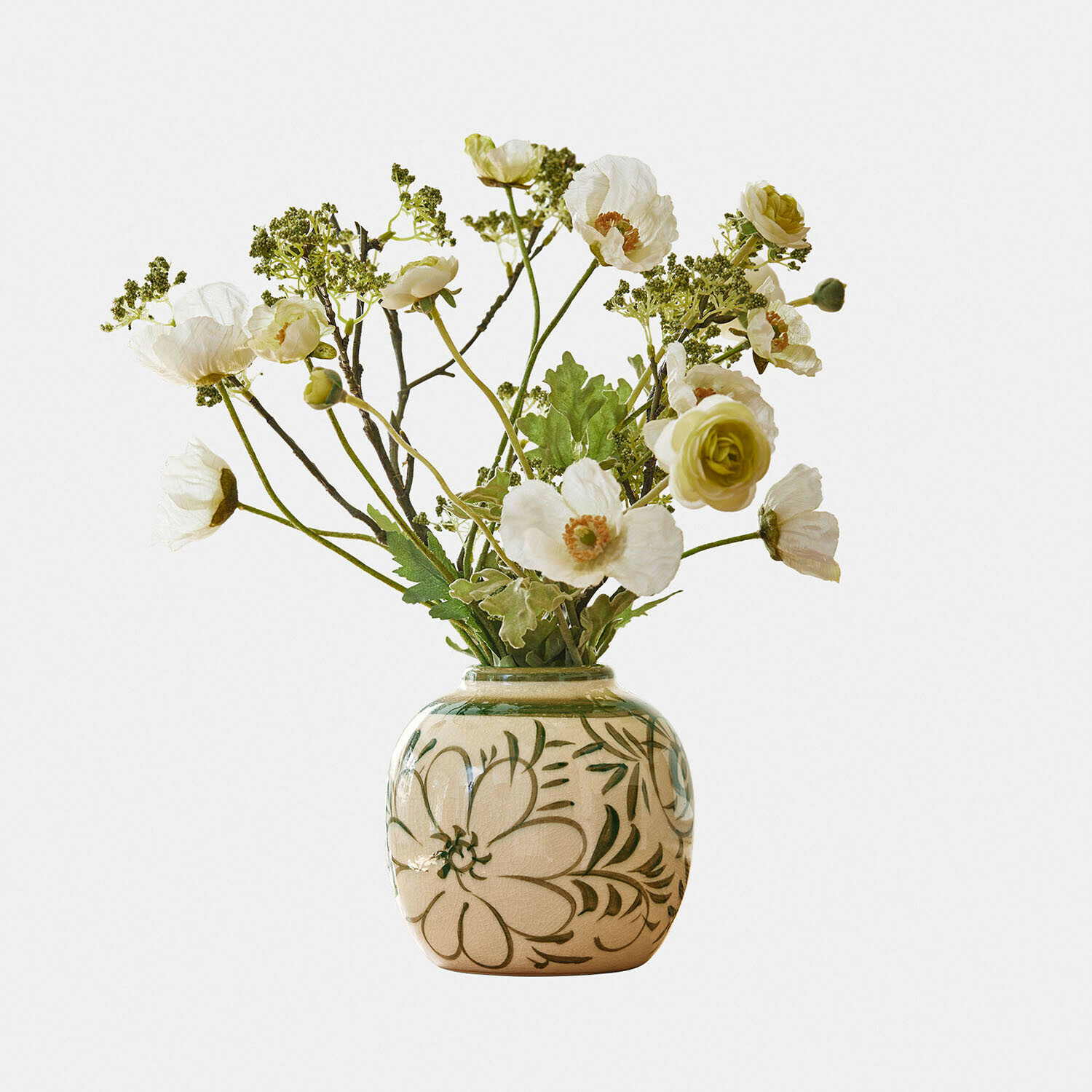 Vase Avignonel Keramikvase beige mit grünen Blumenmustern und weißen sowie grünen Dekoblumen