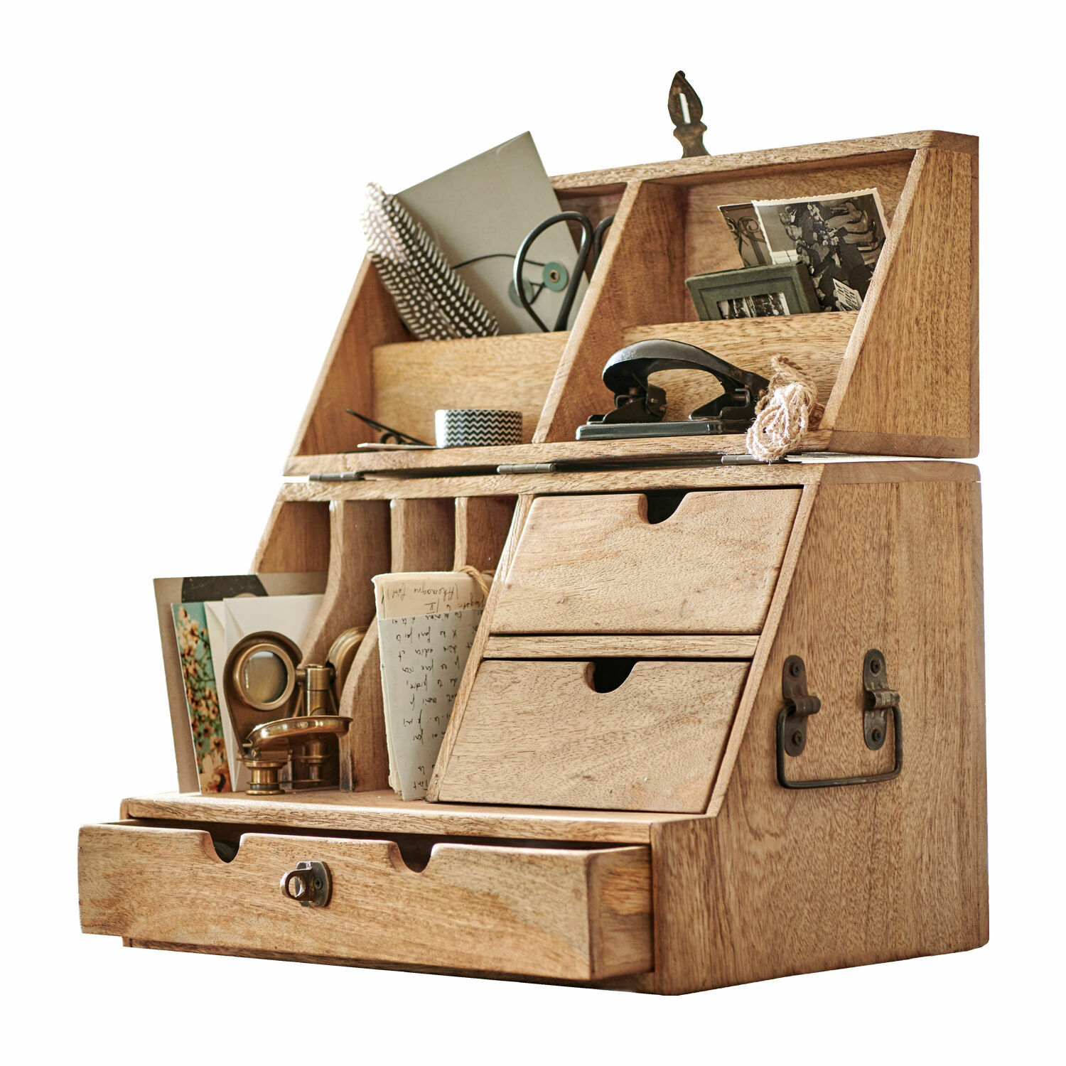 Organizer Shane Holz-Schreibtischbox mit Schubladen und Fächern für Büromaterial in natürlicher Holzfarbe