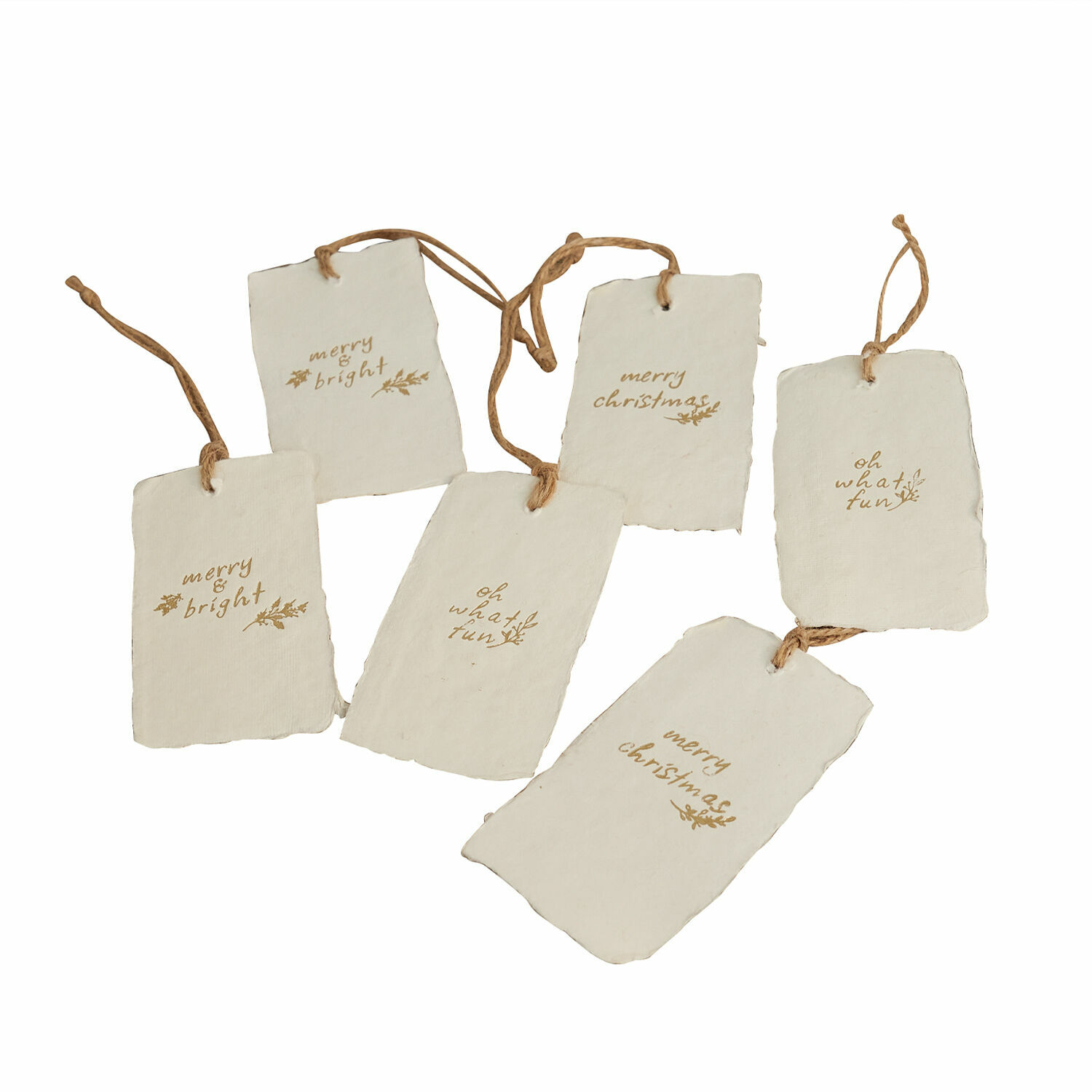 Anhänger 6er Set Aamira Set aus sechs weissen Papieranhängern mit braunen Schriftzügen und Schnüren für Weihnachtsdekoration
