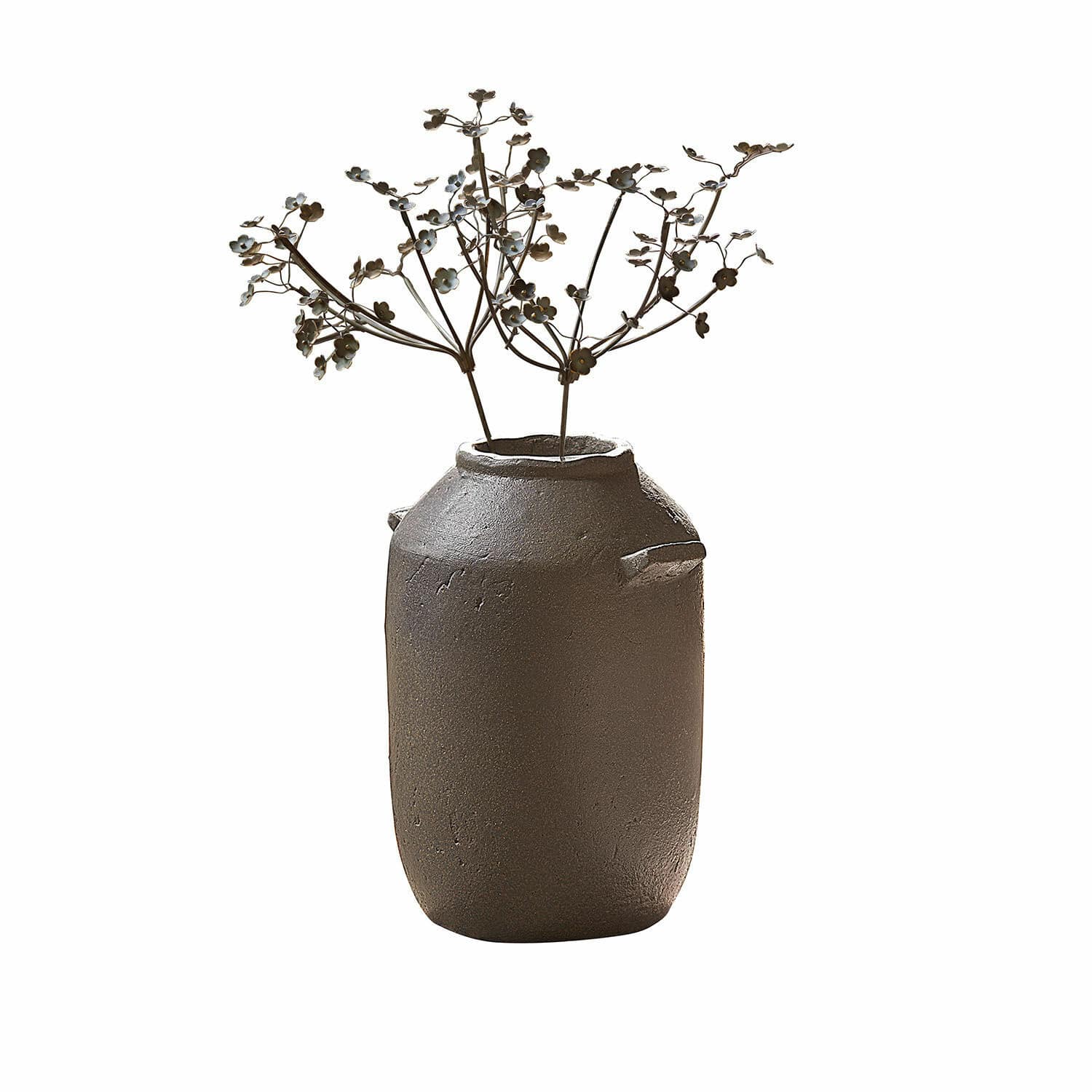 Vase Duvelle Braune Keramikvase mit dekorativen Metallblumen, rustikaler Stil für Wohnraumdekoration
