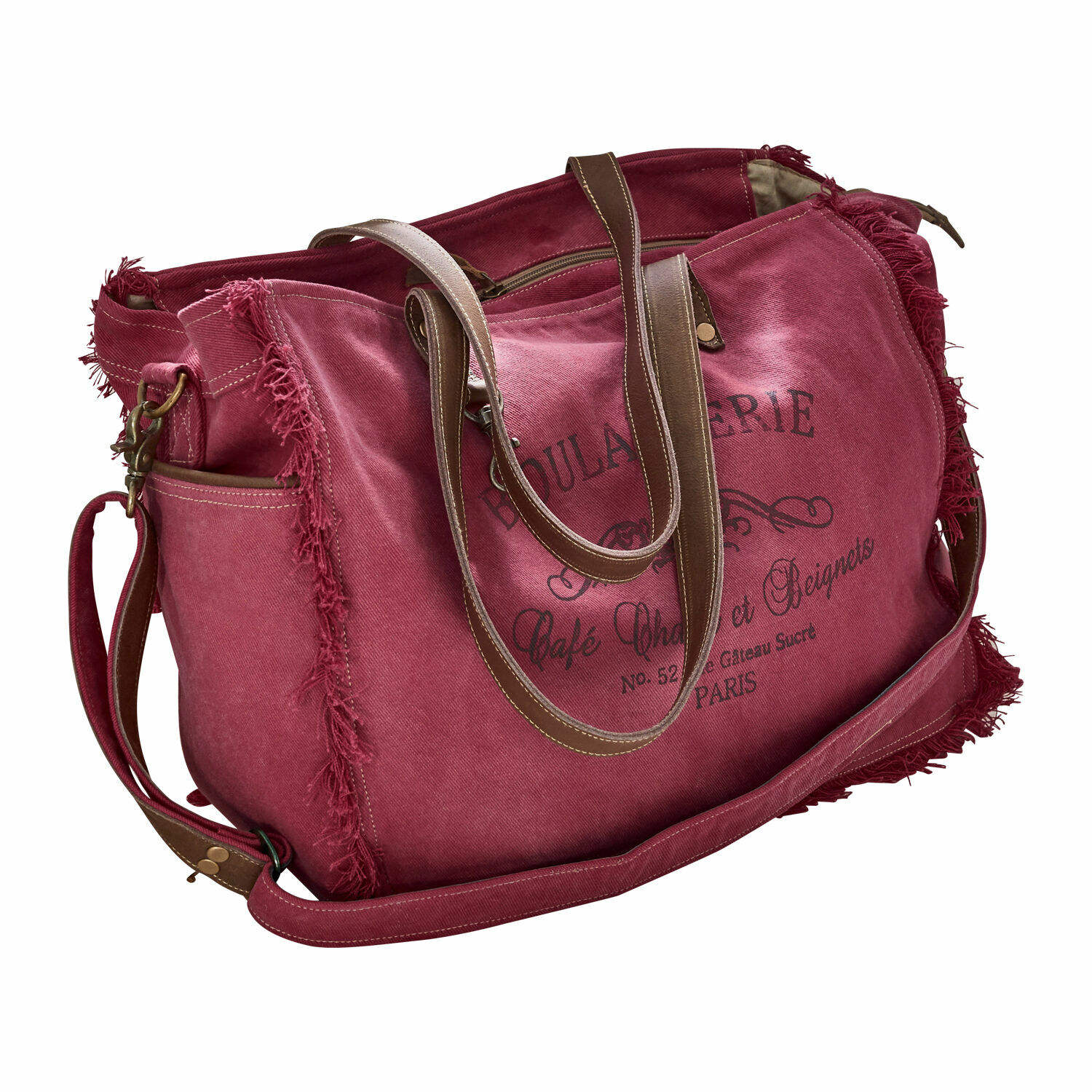 Tasche Anoush Reisetasche aus rotem Canvas mit braunen Ledergriffen und Vintage-Druck im Boulangerie-Stil