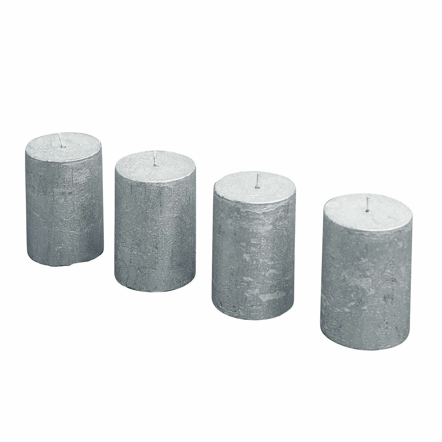 silber Set mit 4 silbernen Zylinderkerzen mit metallischem Finish für elegante Wohnraumdekoration