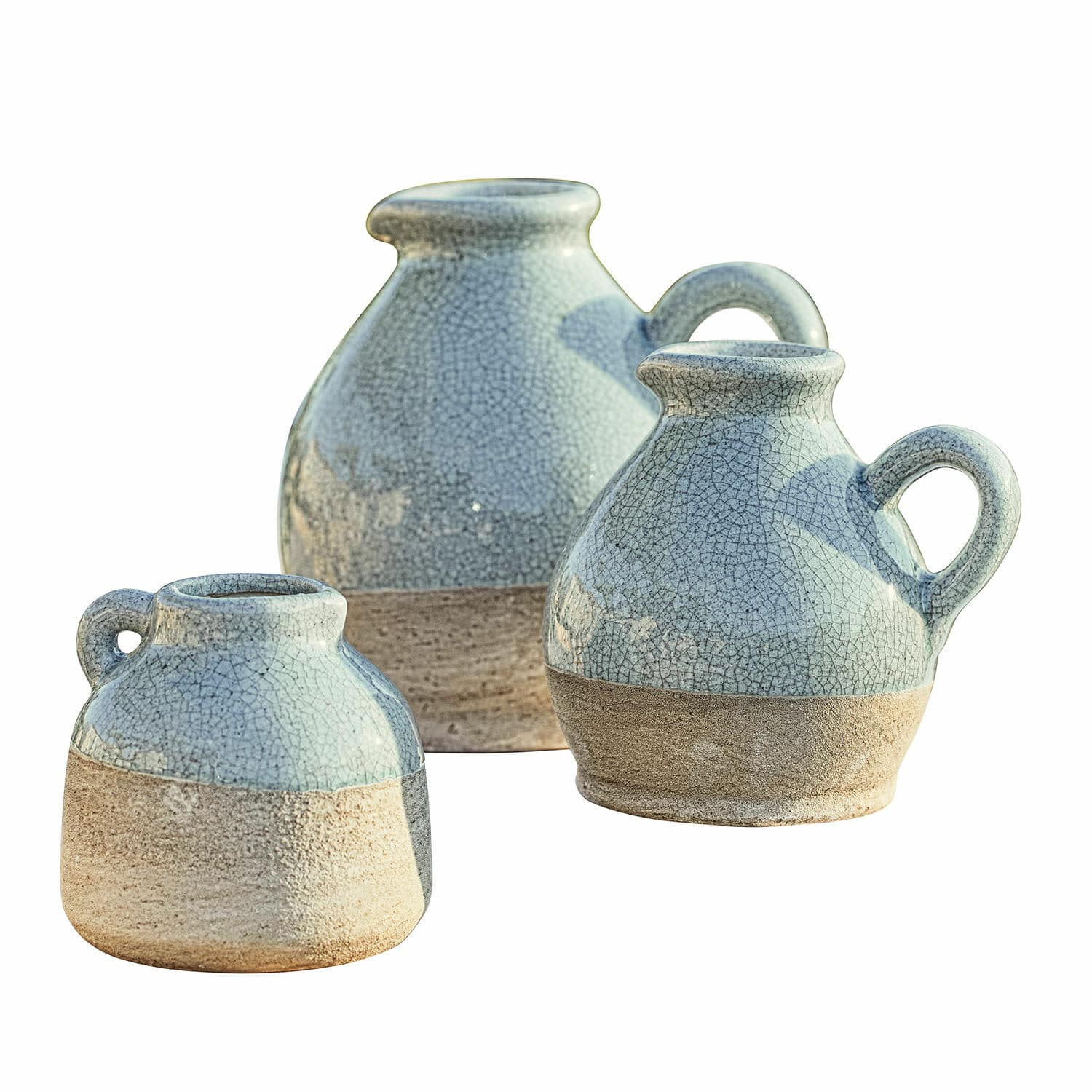 Vase 3er Set Lezíria Set aus drei Keramikvasen in Blau-Beige mit Craquelé-Effekt, stilvolle Wohndekoration