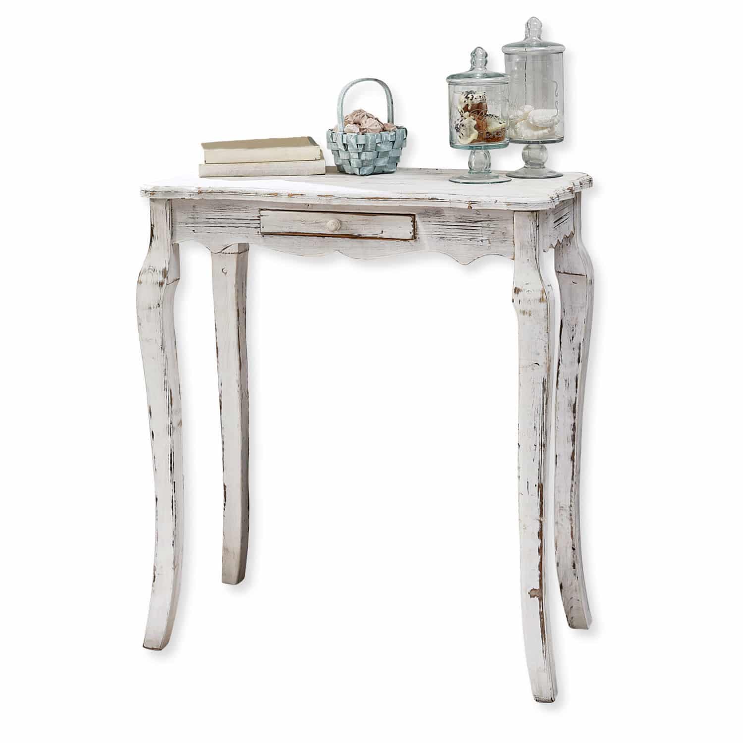 Konsole Barbey Weisse Holzkonsole im Vintage-Stil mit Schublade, dekoriert mit Büchern und Glasgefässen