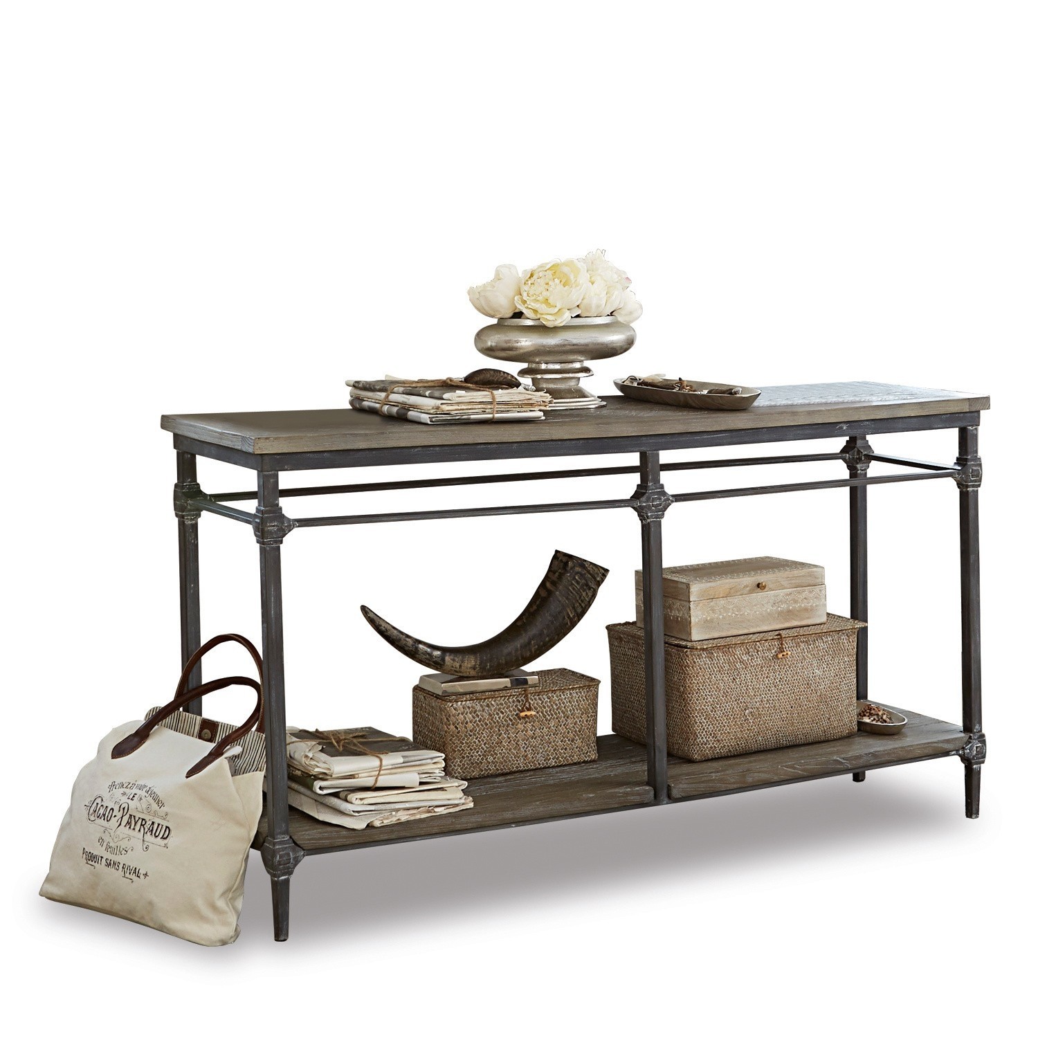 Konsole Caspian Tisch mit Metallgestell und grauer Holzplatte, dekoriert mit Aufbewahrungsboxen und Accessoires