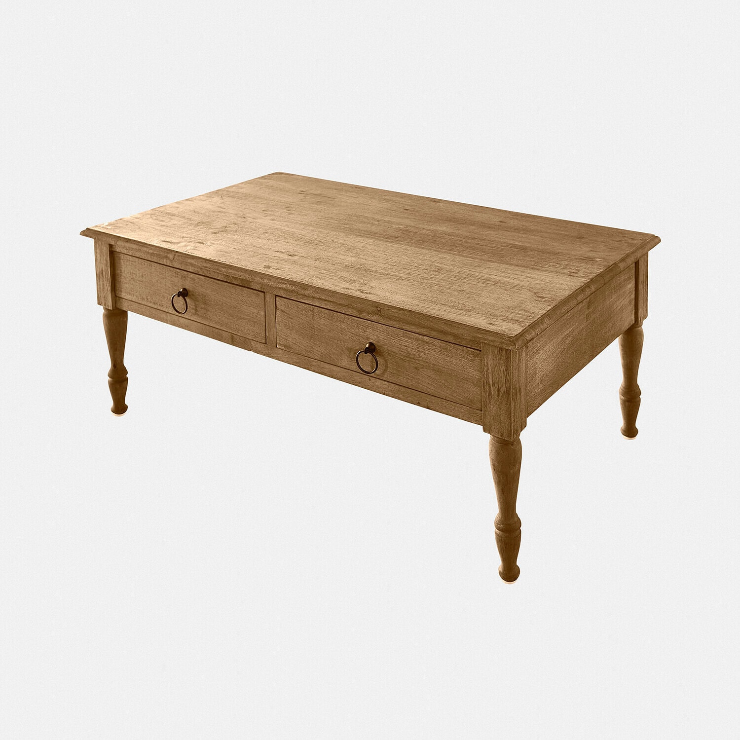 Couchtisch aus Mangoholz in Natur mit zwei Schubladen und dekorativen Metallgriffen