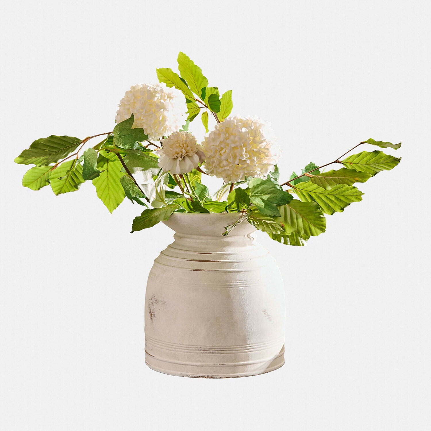 Vase Niverana Weisse Keramikvase mit grünen Blättern und weissen Dekoblumen für Wohnräume