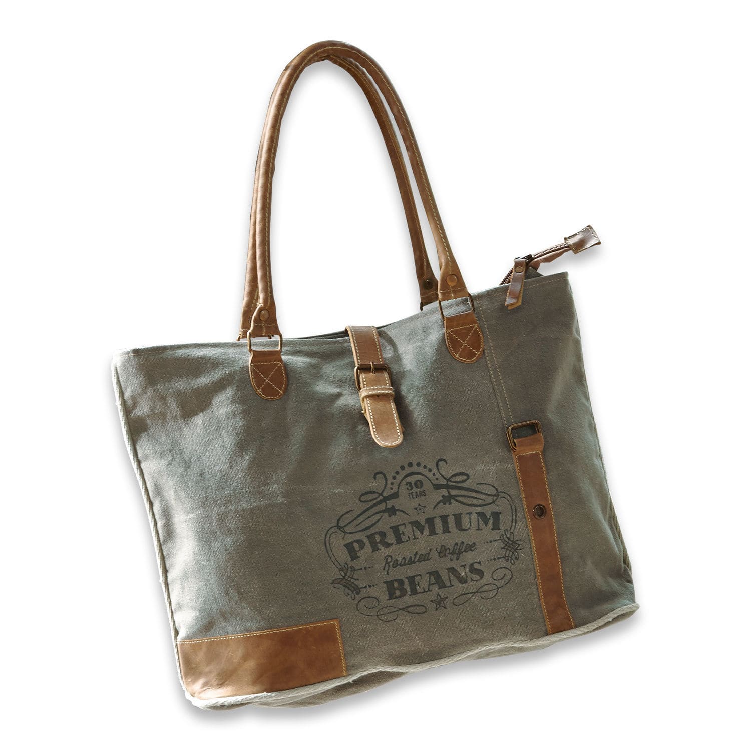 Tasche Staci Graue Stofftasche mit braunen Ledergriffen und Aufdruck „Premium Coffee Beans“