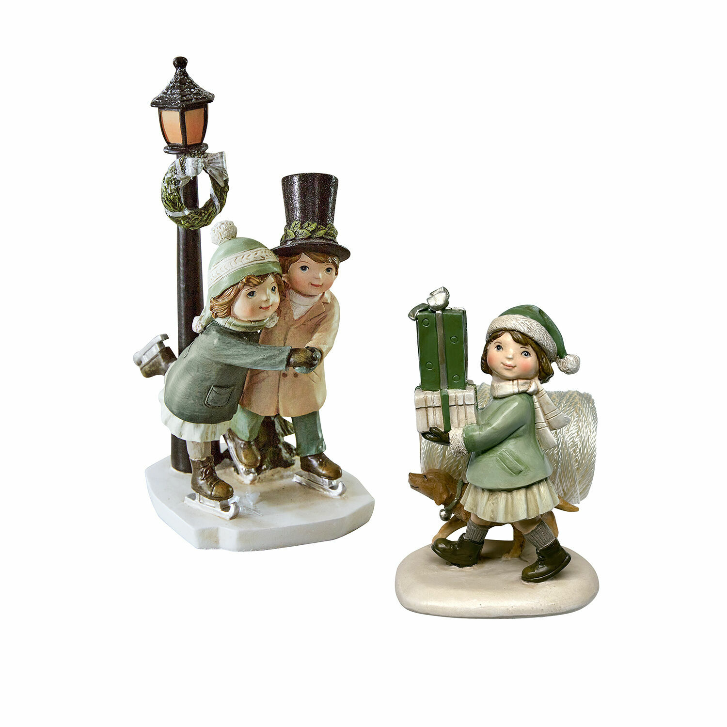 Deko-Figur 2er Set Marquelline Figuren von Kindern in grüner und beiger Kleidung beim Schlittschuhlaufen und mit Geschenken, Winterdekoration