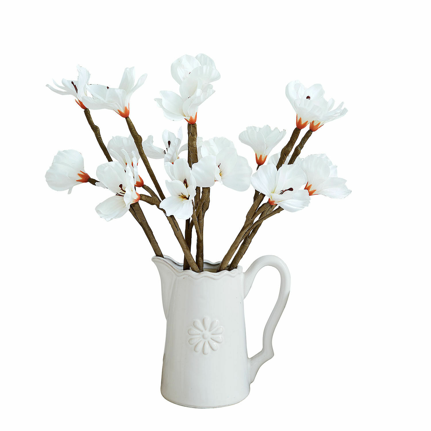 Deko-Blume 6er Set Xivale Weisser Keramikkrug mit dekorativen weissen Kunstblumenzweigen für stilvolle Raumdekoration