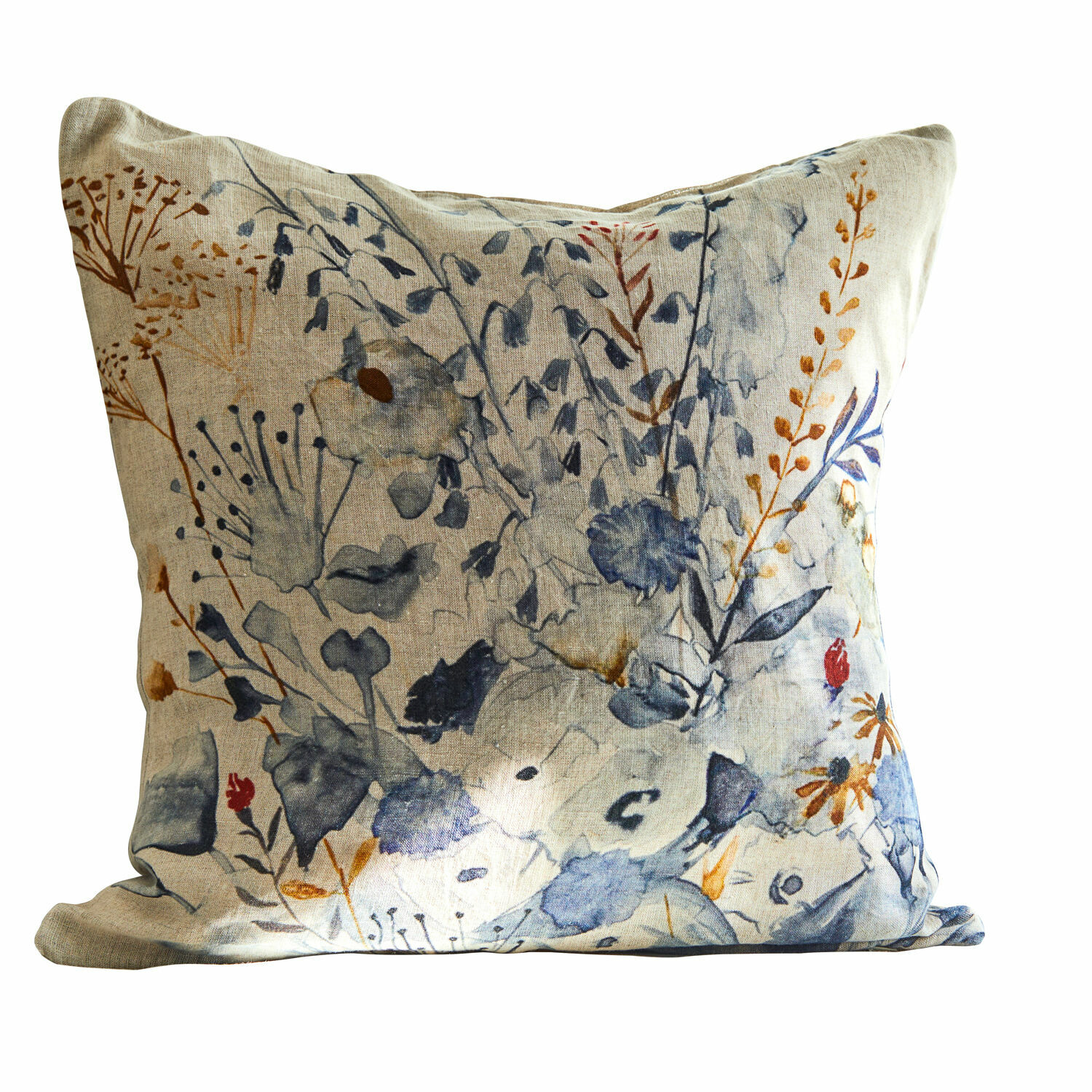 Kissenhülle Carroll Leinen-Kissenhülle mit floralem Muster in Blau- und Brauntönen, dekoratives Wohnaccessoire
