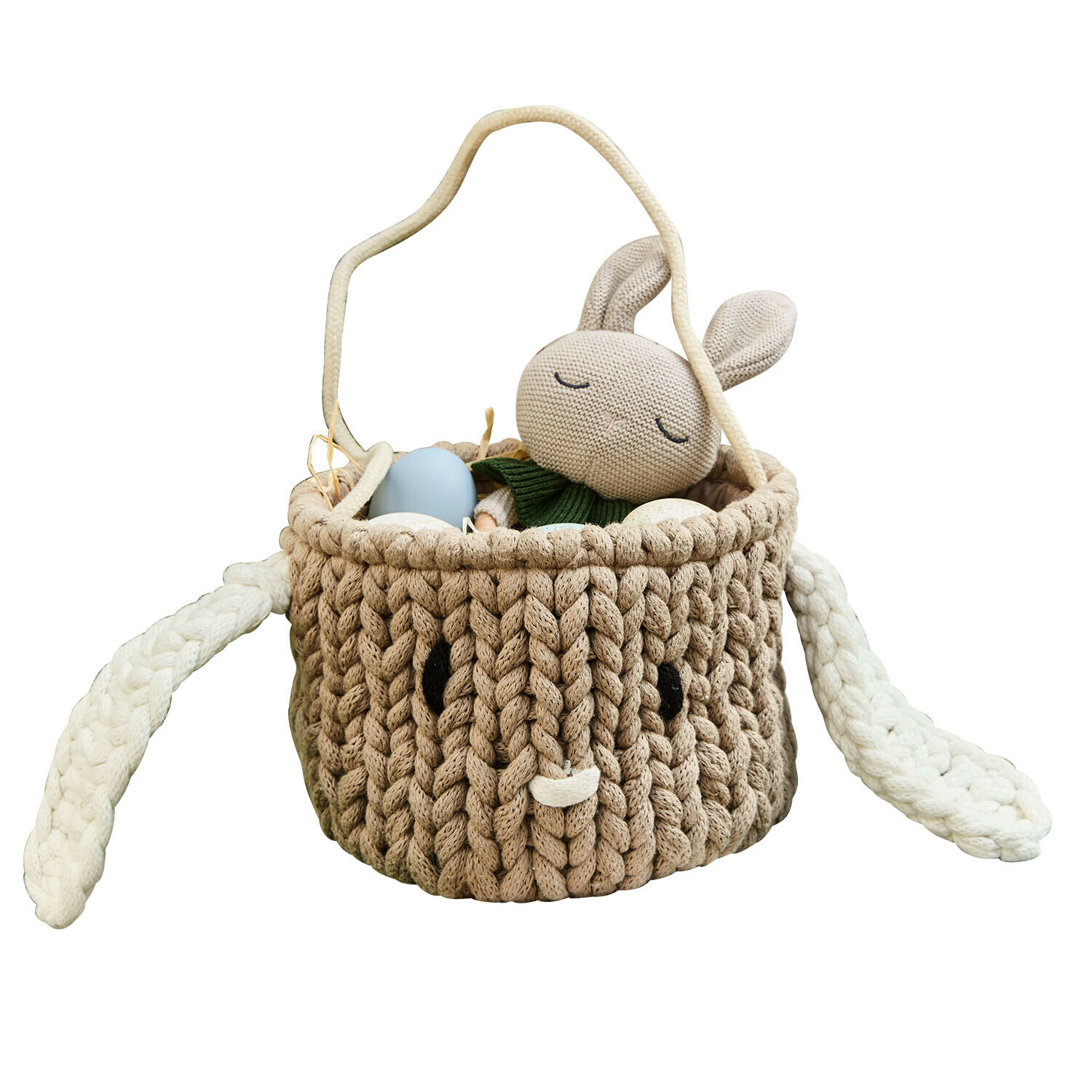 Hasenkorb Snugglewood Beiger, grob gestrickter Korb mit Hasenohren, Kuscheltier und dekorativen Eiern innen