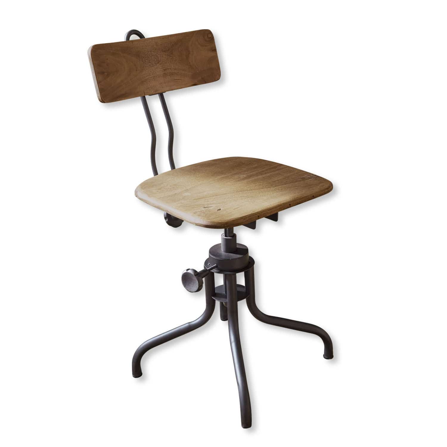 Stuhl Richie Drehstuhl aus Holz und Metall im Industriestil, naturfarbener Sitz und schwarzes Gestell.