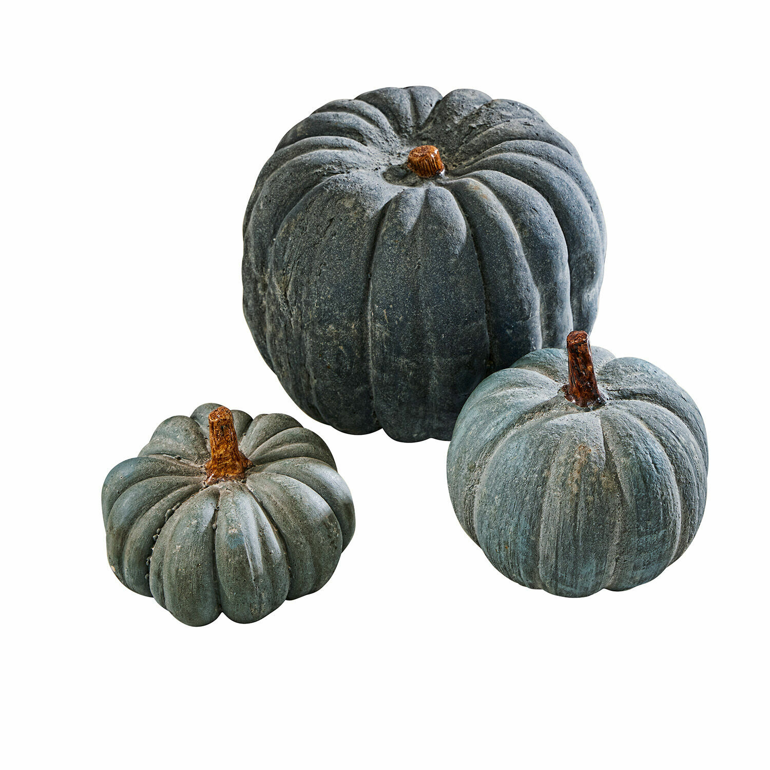 blau Drei dekorative blaue Kürbisse im Set mit natürlicher Optik für herbstliche Wohnakzente.
