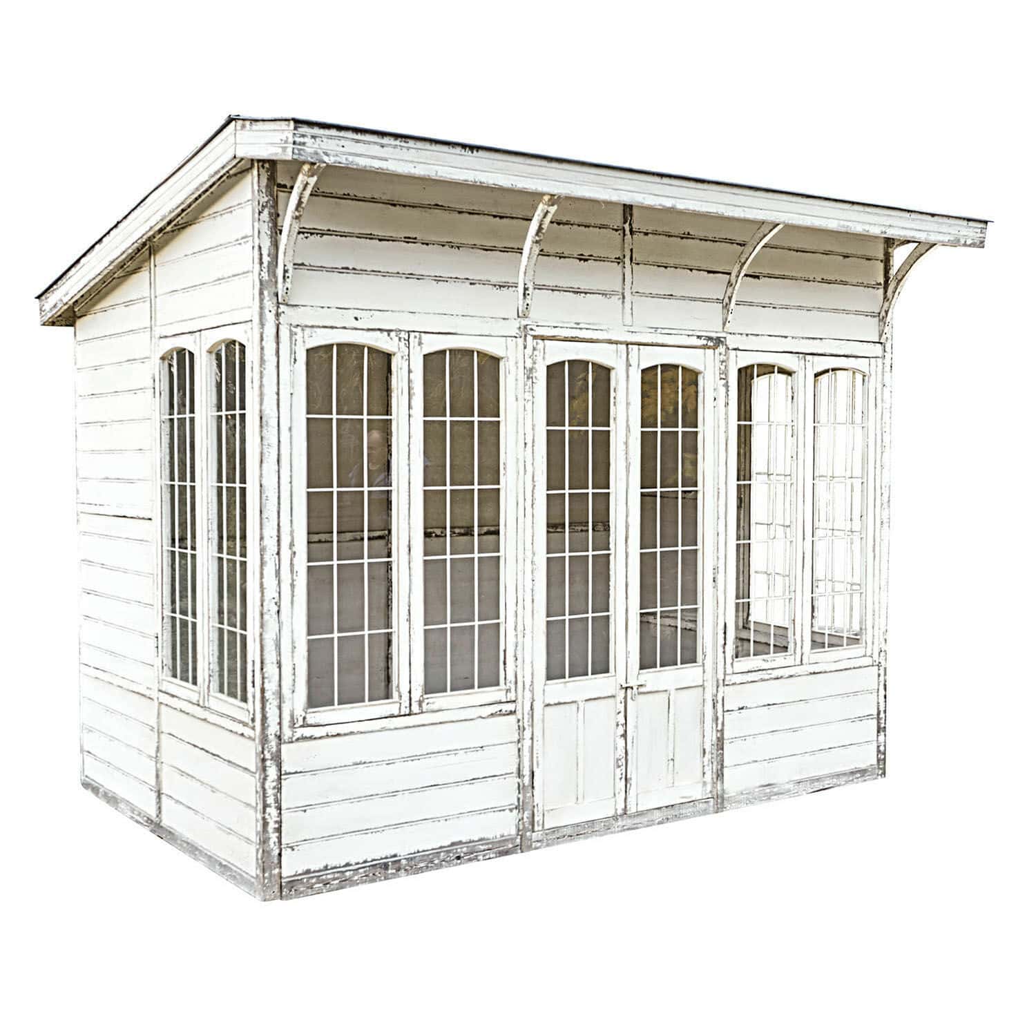 Gartenhaus South Coventry Weisser Holz-Gartenpavillon mit grossen Fenstern und Doppeltür im Vintage-Stil