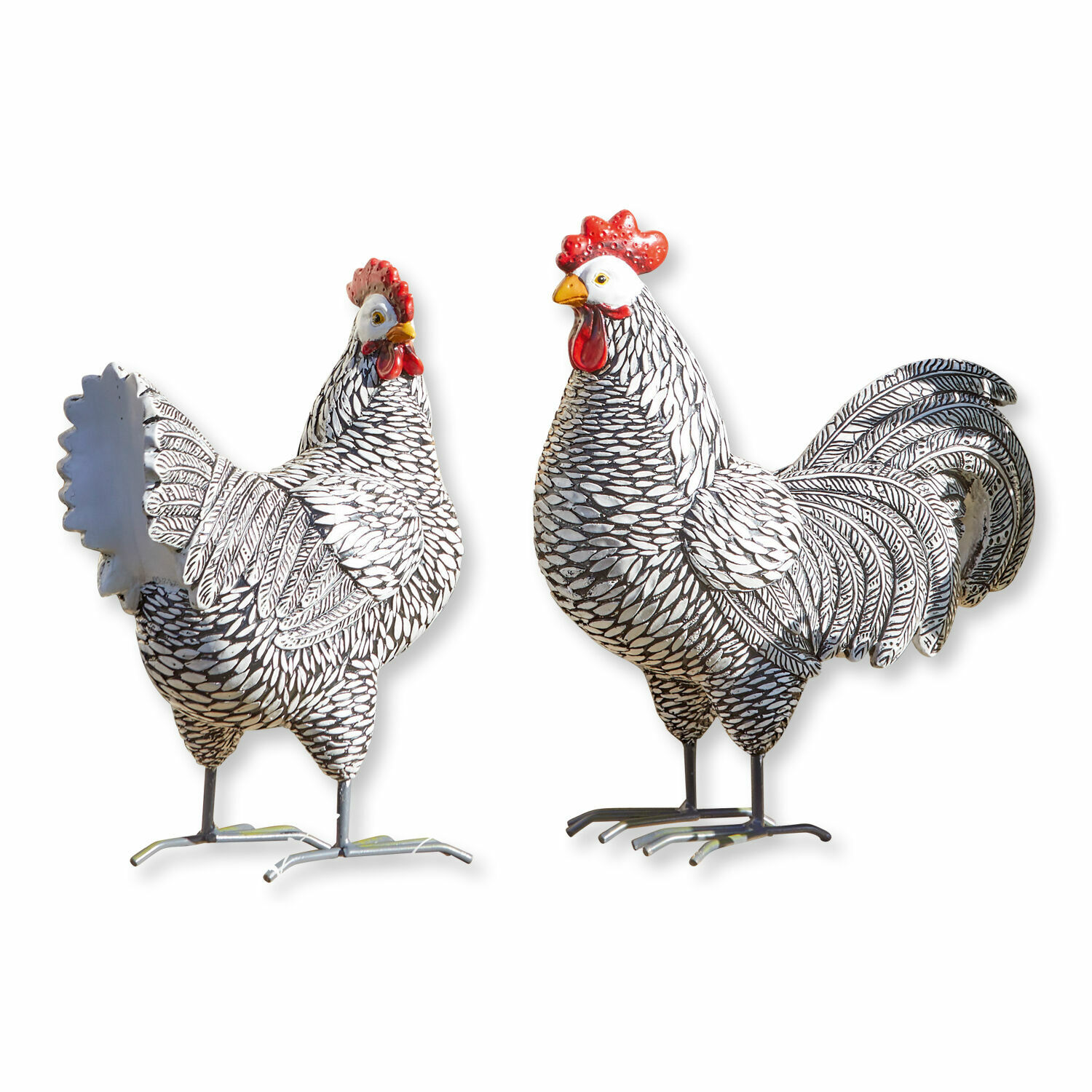 Deko-Huhn 2er Set Mannis Dekorative Metallfiguren Hahn und Henne in Weiss-Schwarz mit roten Kämmen, ländliche Dekoration