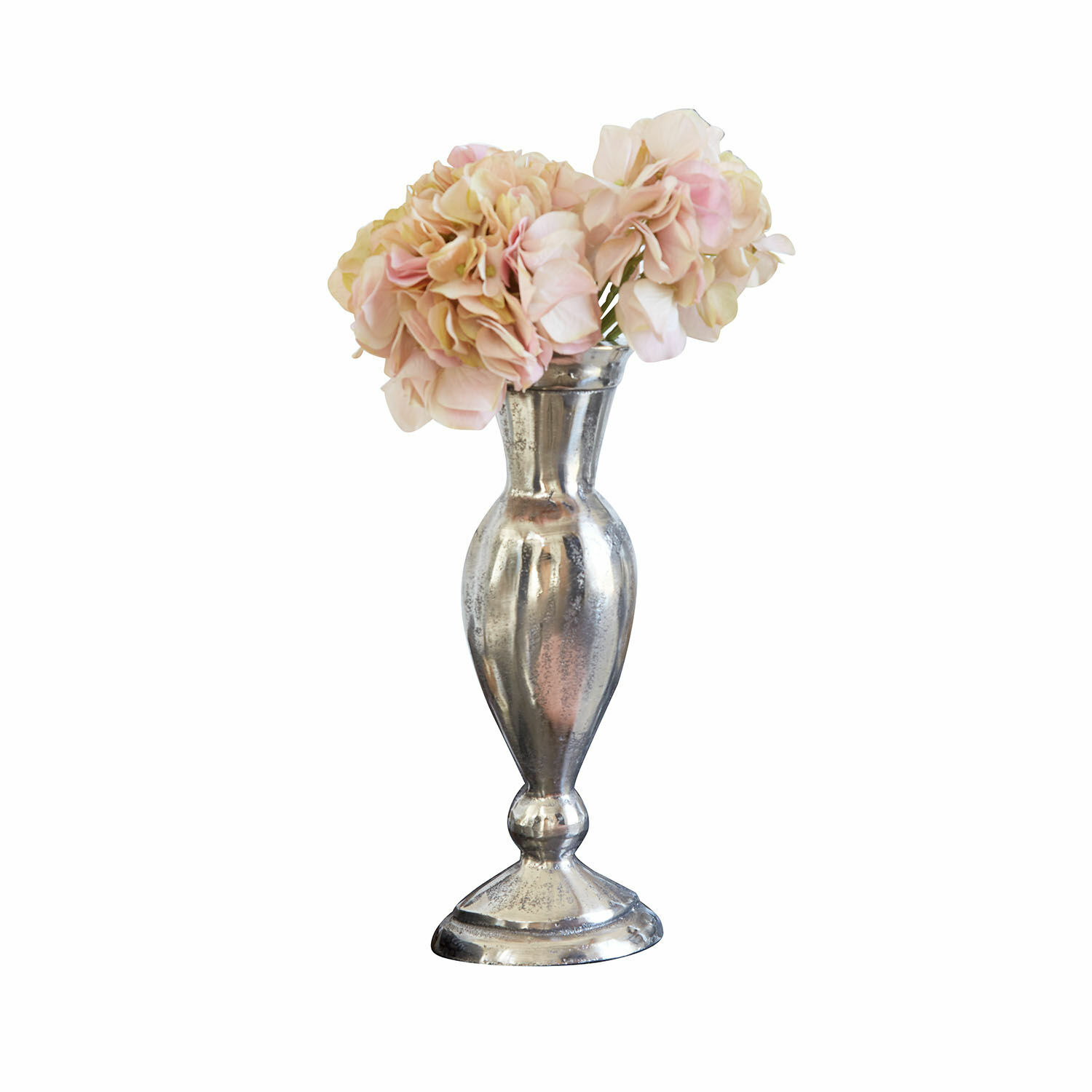 Vase Carvella Silberne Metallvase mit rosa Dekorationsblumen für Tisch oder Regal