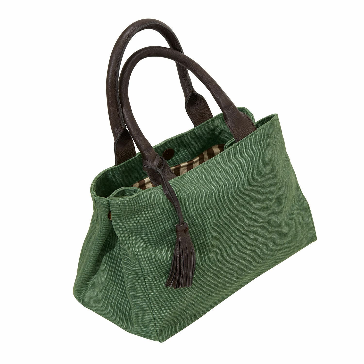 Tasche Hoya Grüne Stofftasche mit braunen Lederhenkeln und Quaste, modisches Accessoire für den Alltag