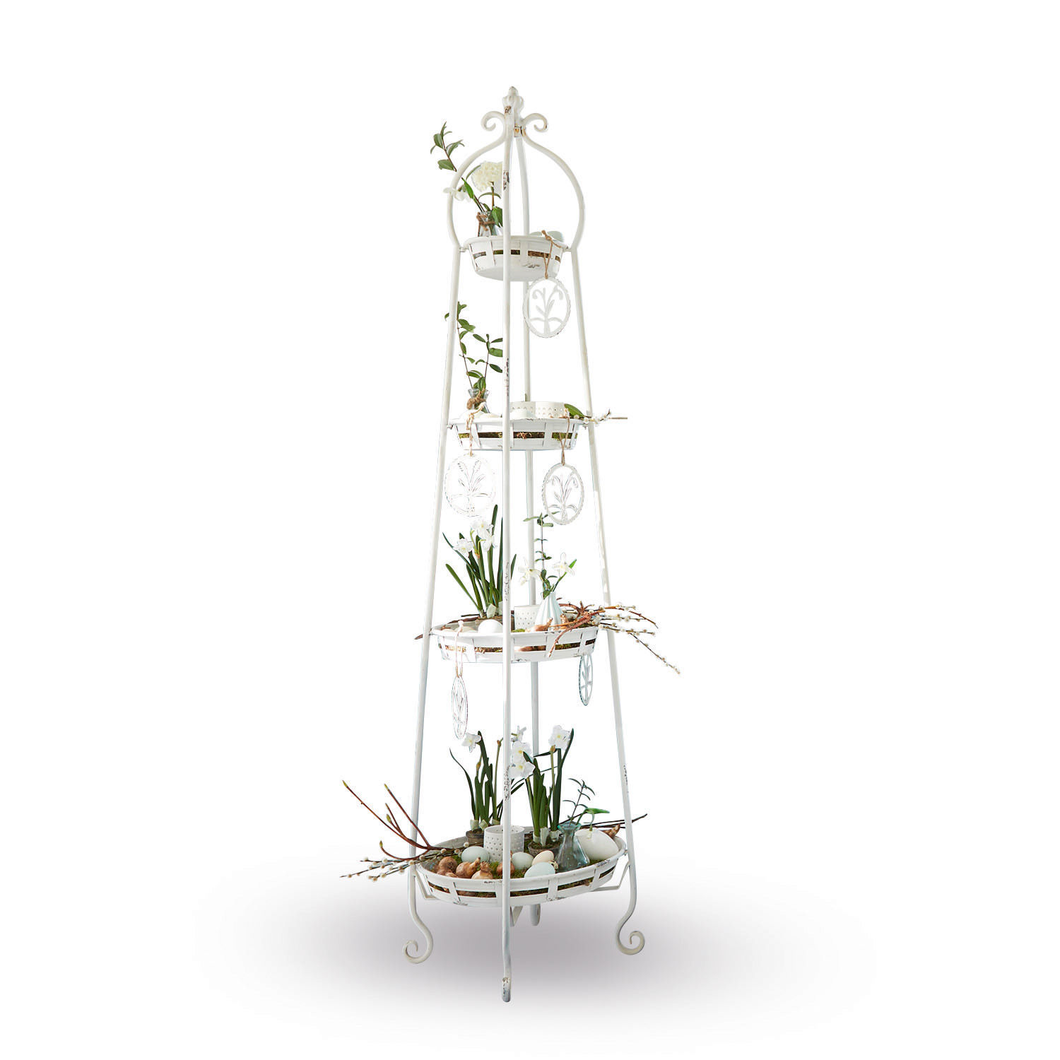 Etagere Ipas Weisser Metall-Gartenständer mit drei Ablagen und Blumendekorationen für Haus und Garten