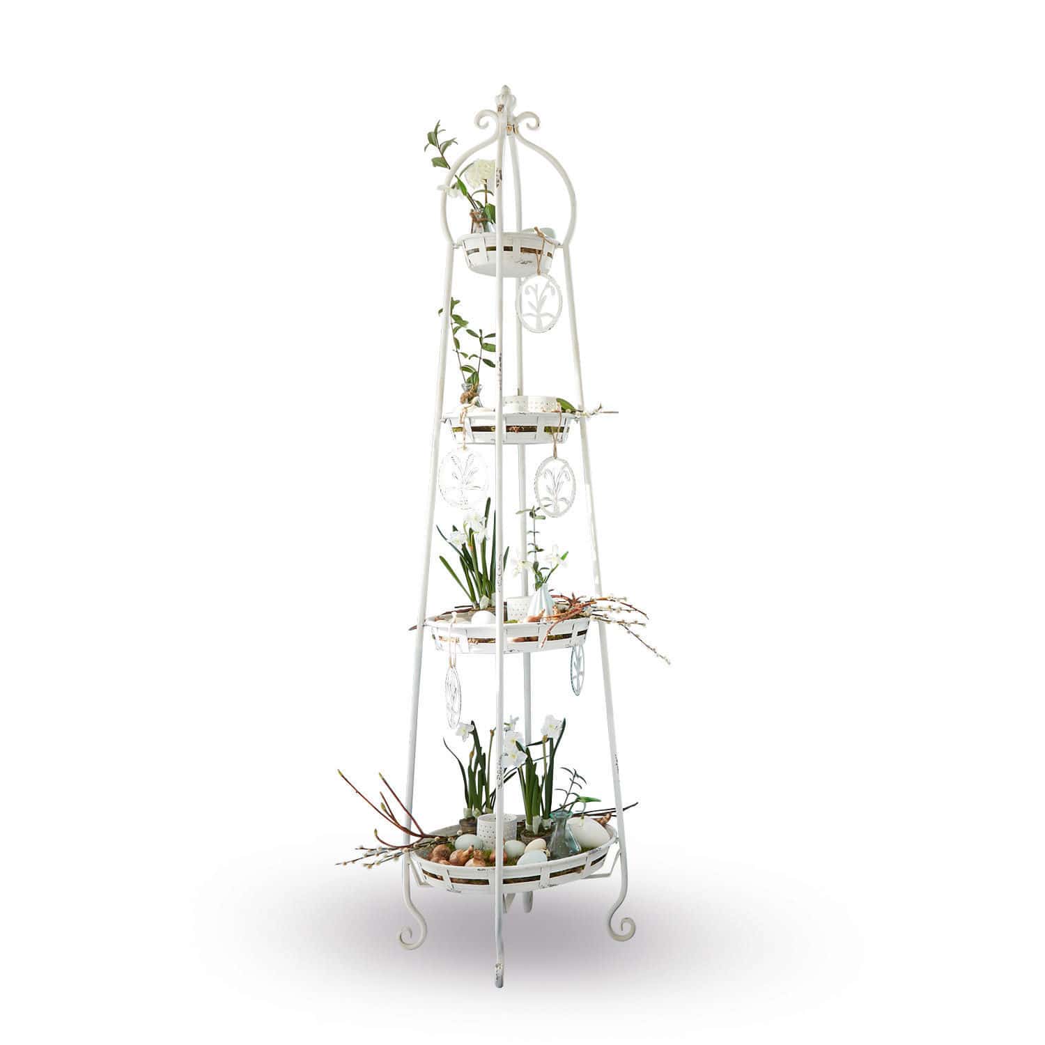 Etagere Ipas Weisser Metall-Gartenständer mit drei Ablagen und Blumendekorationen für Haus und Garten