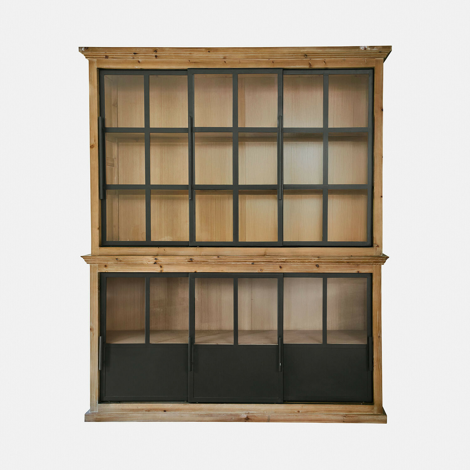 Schrank Ulvefjord Holzvitrine mit schwarzen Metallrahmen und Glastüren, industrieller Stil, praktisches Wohnzimmermöbel