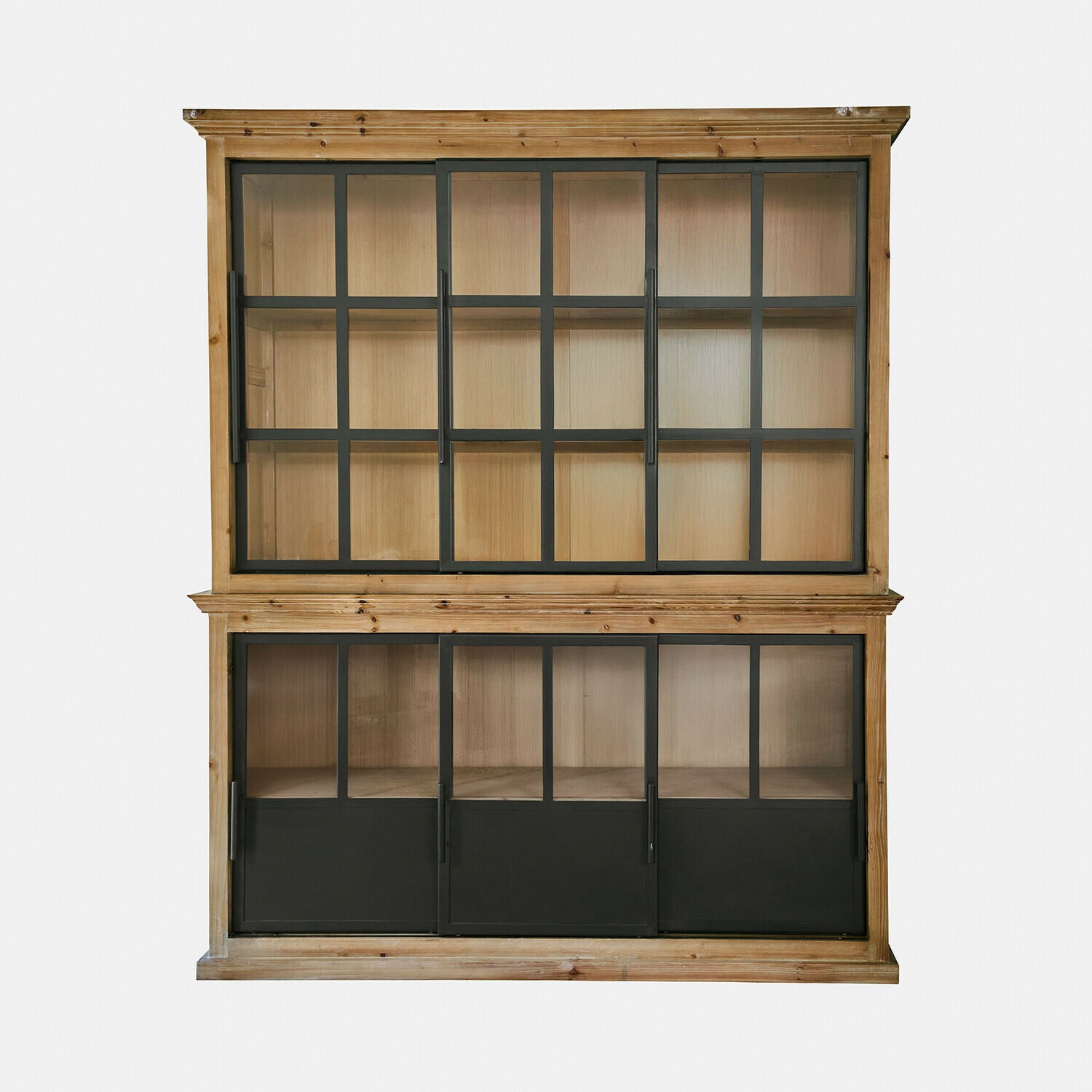 Schrank Ulvefjord Holzvitrine mit schwarzen Metallrahmen und Glastüren, industrieller Stil, praktisches Wohnzimmermöbel