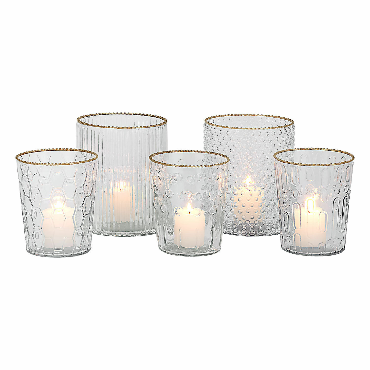 Windlicht 5er Set Rosienne Set aus 5 Glas-Teelichthaltern mit goldenem Rand und verschiedenen Glasstrukturen zur Wohnraumdekoration