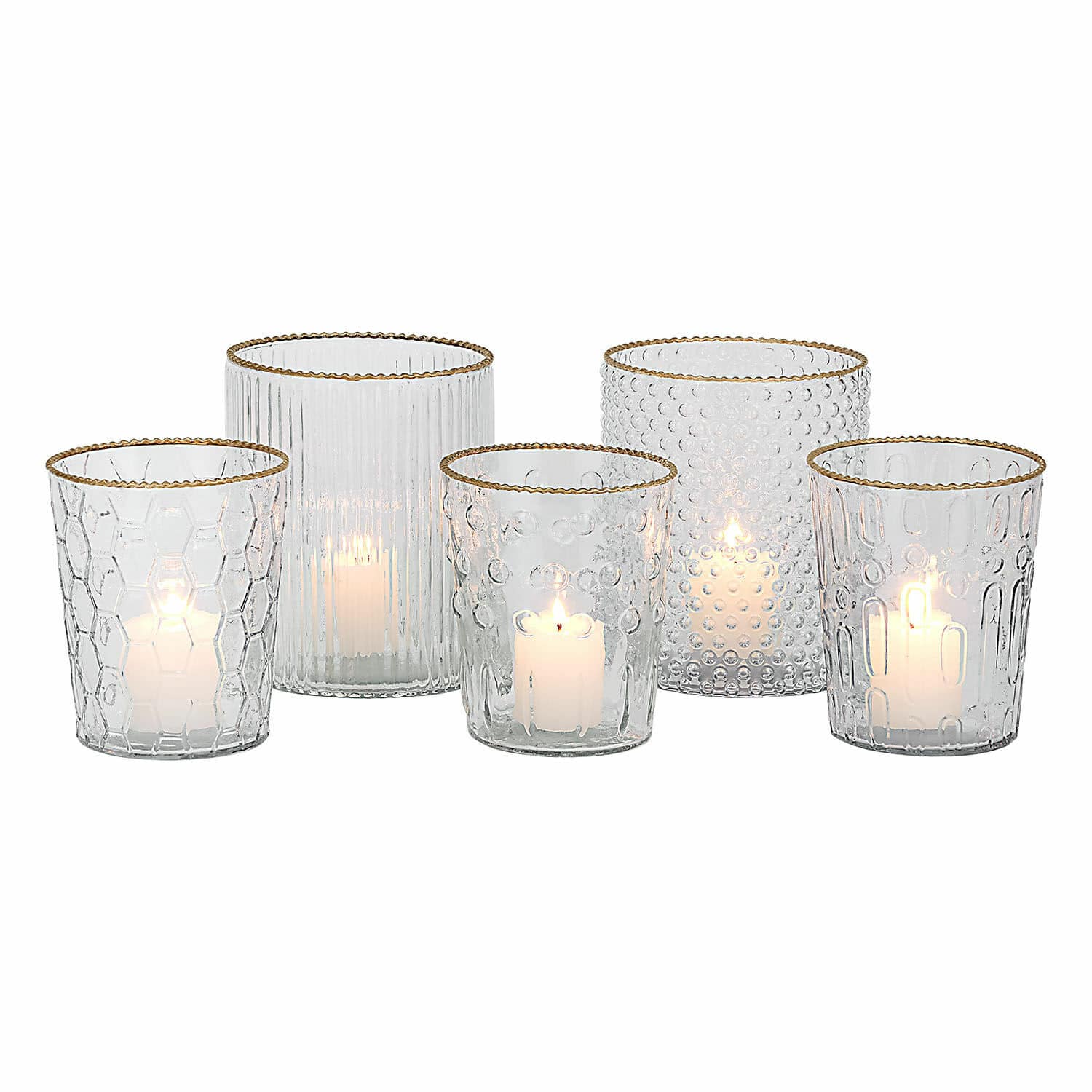 Windlicht 5er Set Rosienne Set aus 5 Glas-Teelichthaltern mit goldenem Rand und verschiedenen Glasstrukturen zur Wohnraumdekoration