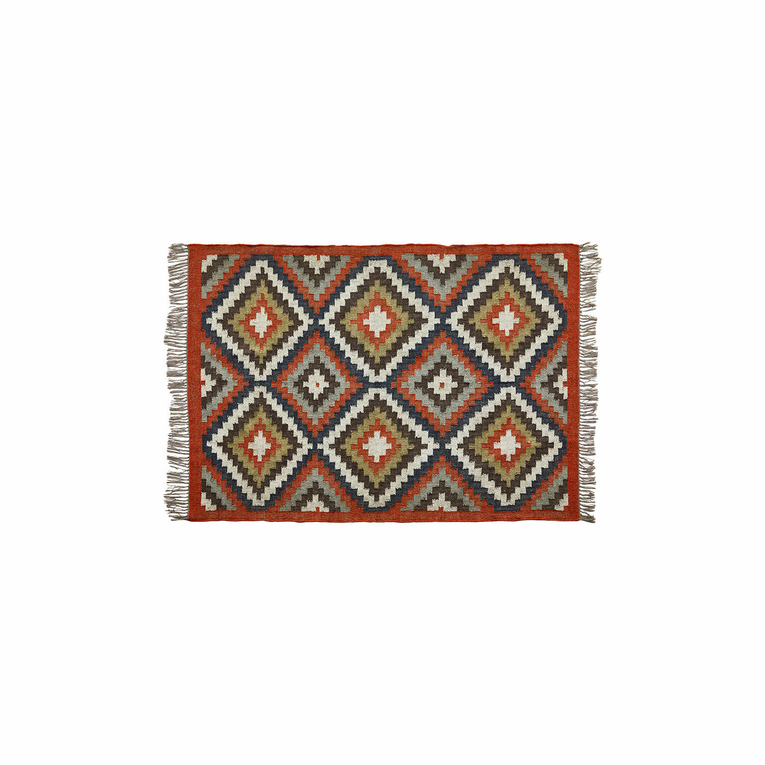 Teppich Dailies Teppich mit geometrischem Muster in Rot, Grün und Beige mit Fransen an den Seiten für Wohnräume